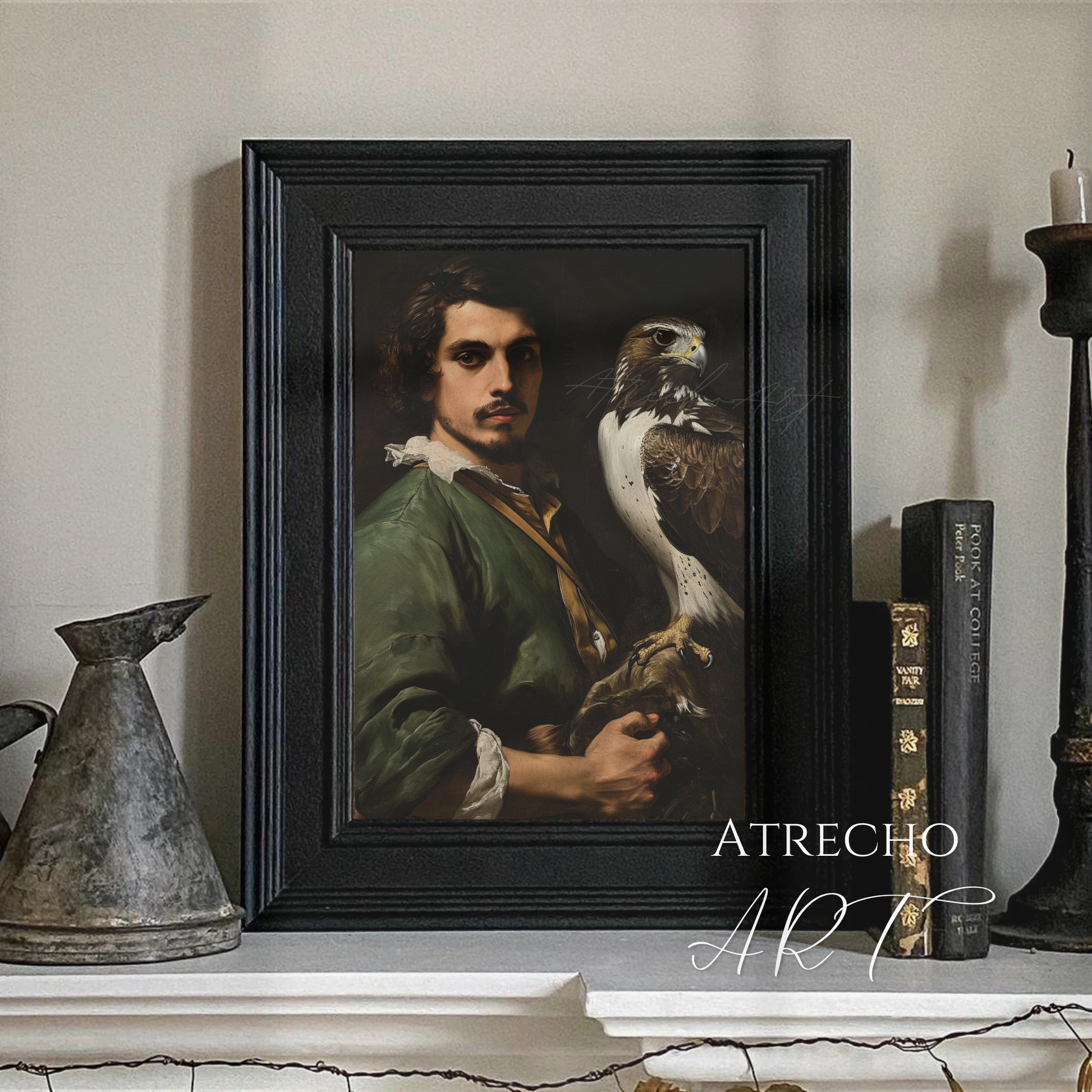 Classical falconry art print showing bearded falconer in green tunic holding majestic brown and white falcon against dark background in European old master style