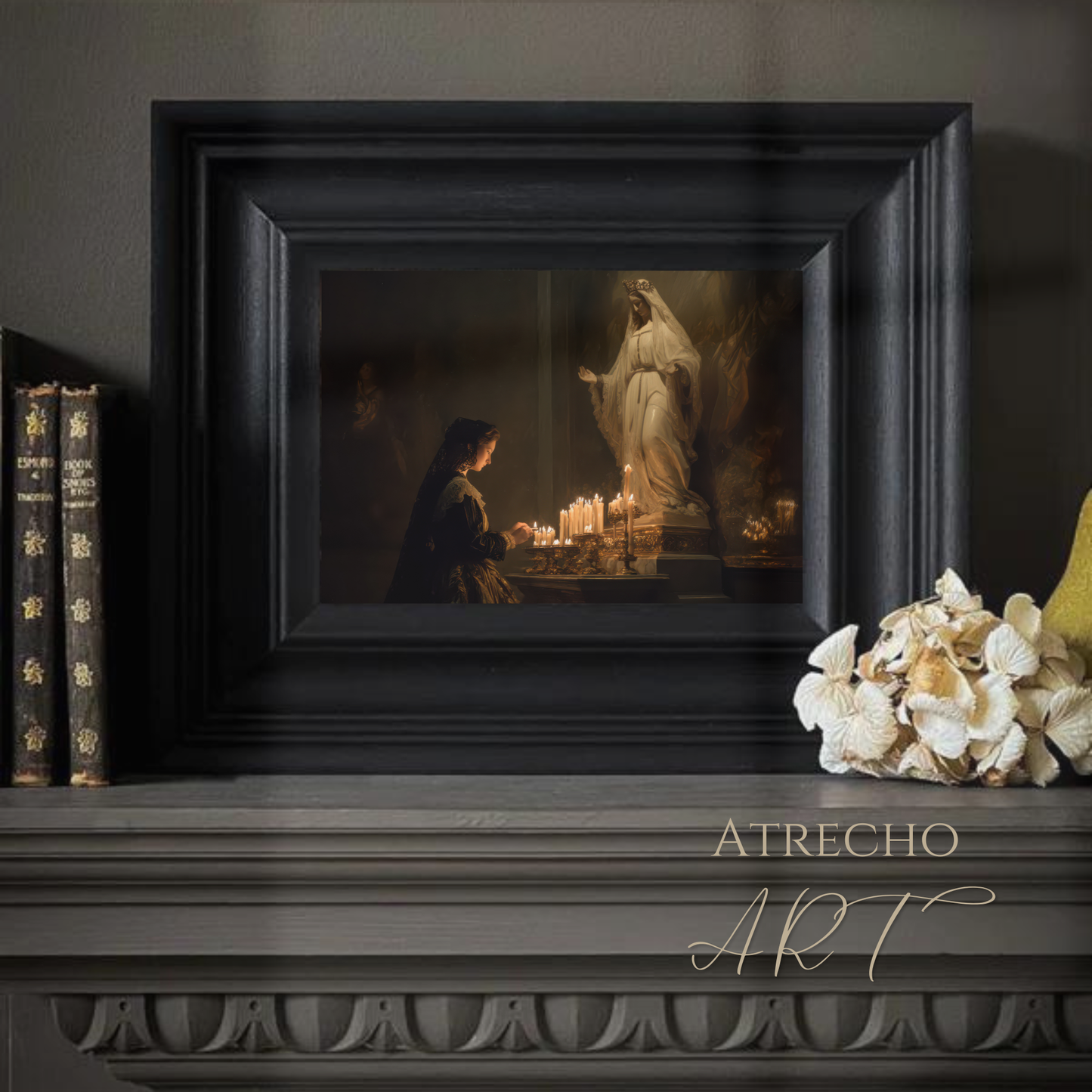 The Marian altar print in a styled room vignette with candles and old books, warm Tuscan mood, by Atrecho Art