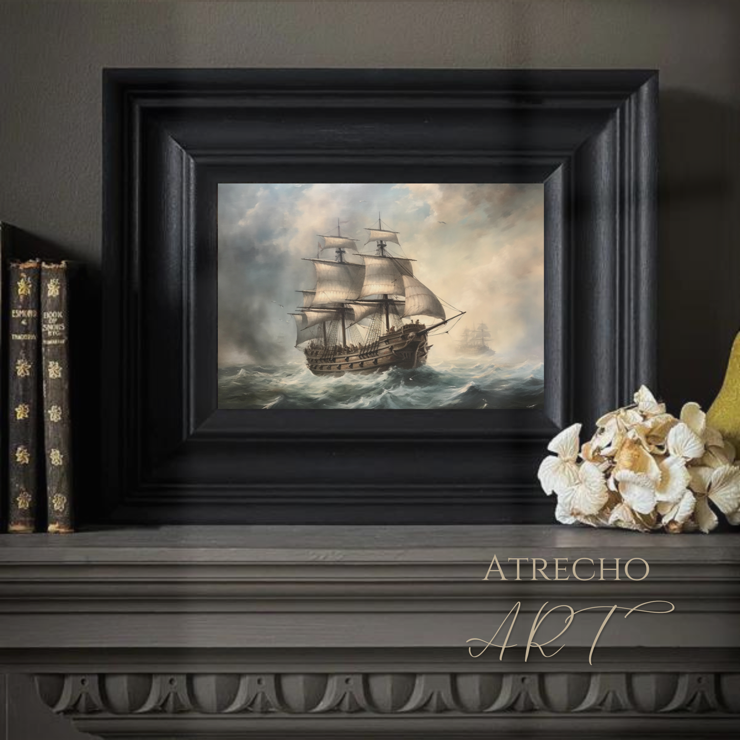 Galleon print — vintage tall ship on stormy seas, Old World maritime oil painting art by Atrecho Art, NA26