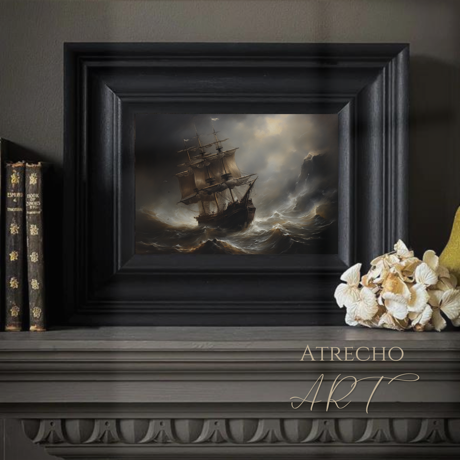 Dramatic stormy sea art print featuring Spanish galleon ship battling turbulent ocean waves under moody storm clouds with golden light breaking through