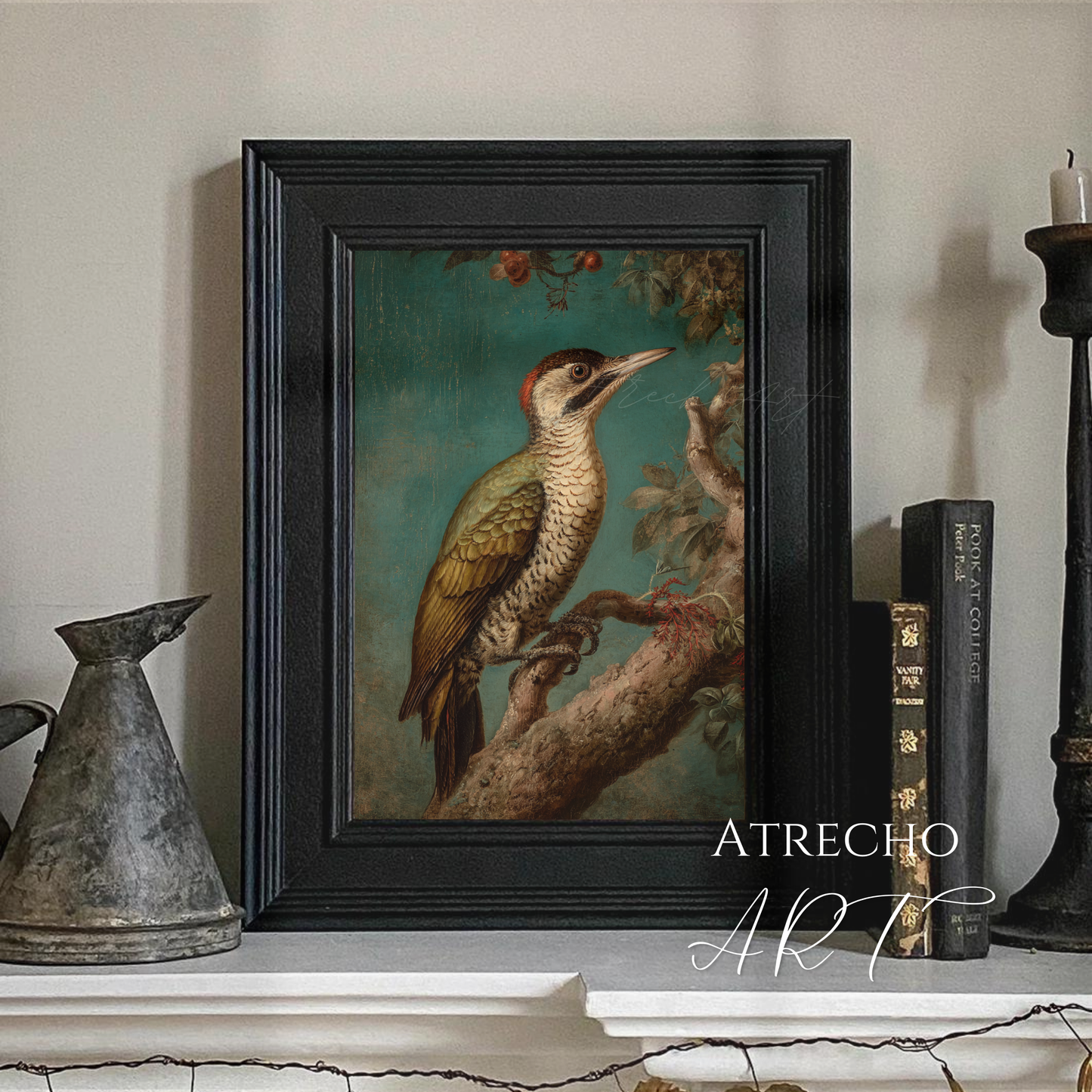 Vintage woodpecker art print illustration with botanical elements on teal background, natural history style