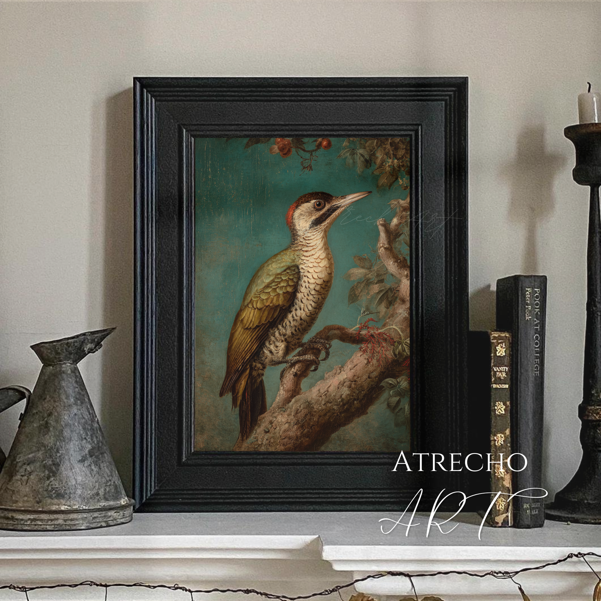Vintage woodpecker art print illustration with botanical elements on teal background, natural history style