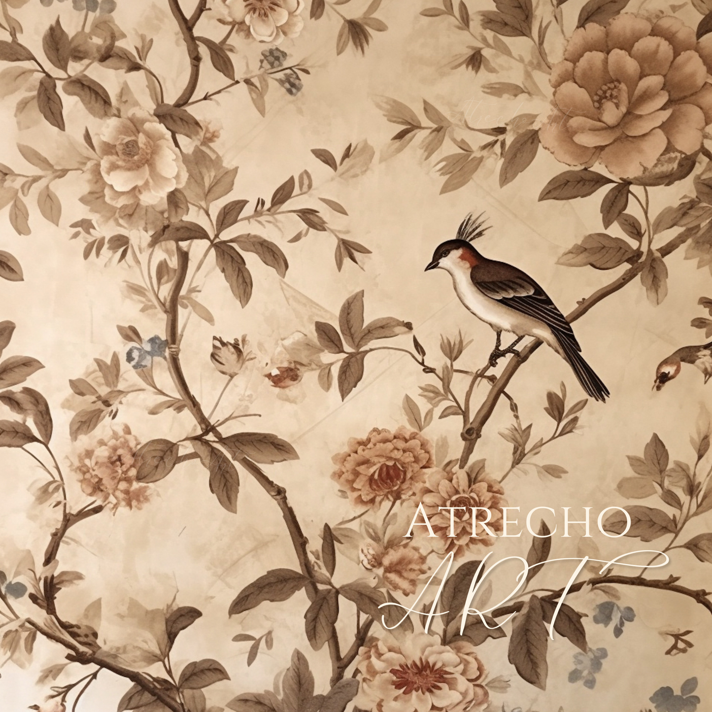 Impression textile vintage à motif floral et oiseau | Œuvre d'art imprimée | TE20