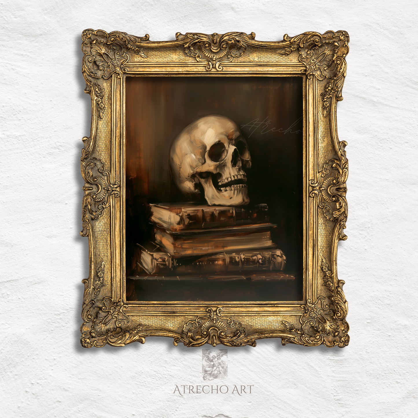 Dark academia memento mori art print featuring aged skull on antique leather books with moody chiaroscuro lighting in Spanish Renaissance style