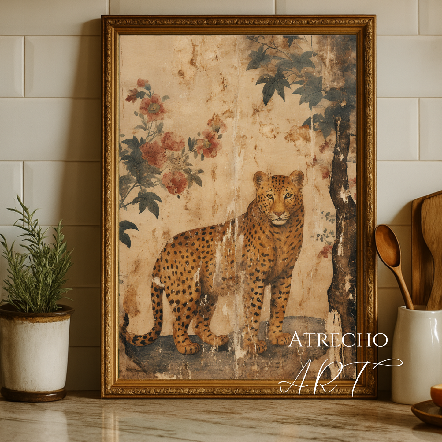 Vintage leopard wall art print with botanical floral elements in warm sepia tones, perfect for cottagecore and dark academia decor
