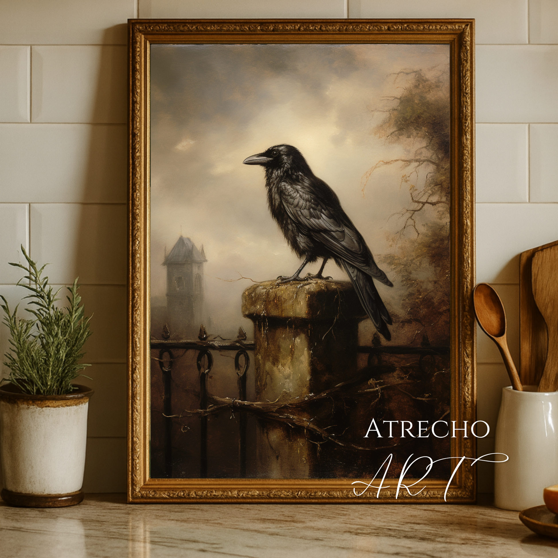 Dark academia memento mori art print featuring aged skull on antique leather books with moody chiaroscuro lighting in Spanish Renaissance style