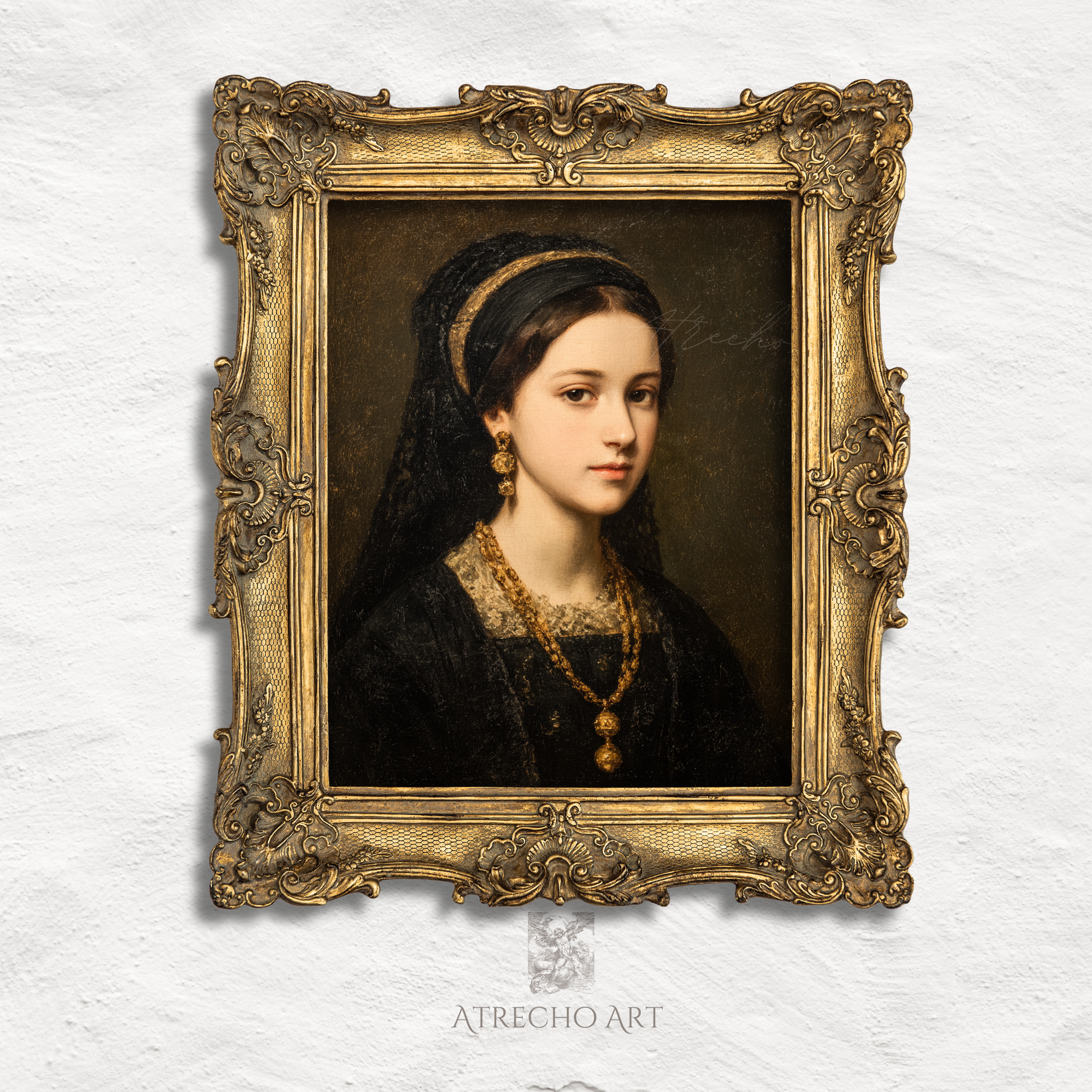 Classical lady with black headband and gold ornaments wearing dark Renaissance-style clothing, displayed in ornate gold frame against cream linen background—Old World portrait art print by Atrecho Art