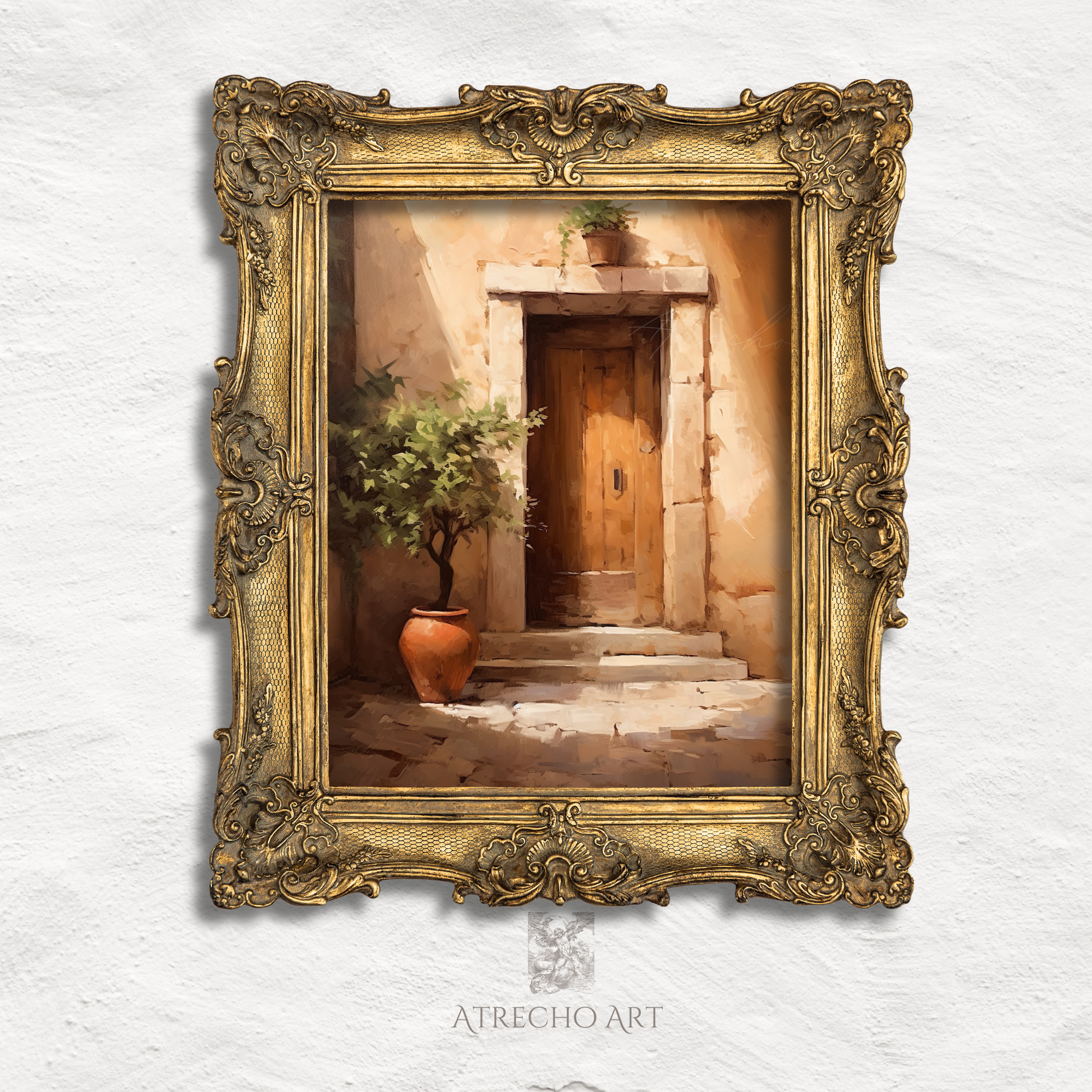 Mediterranean villa door with terracotta planters and weathered stone. Spanish courtyard architecture art print on museum-grade paper.