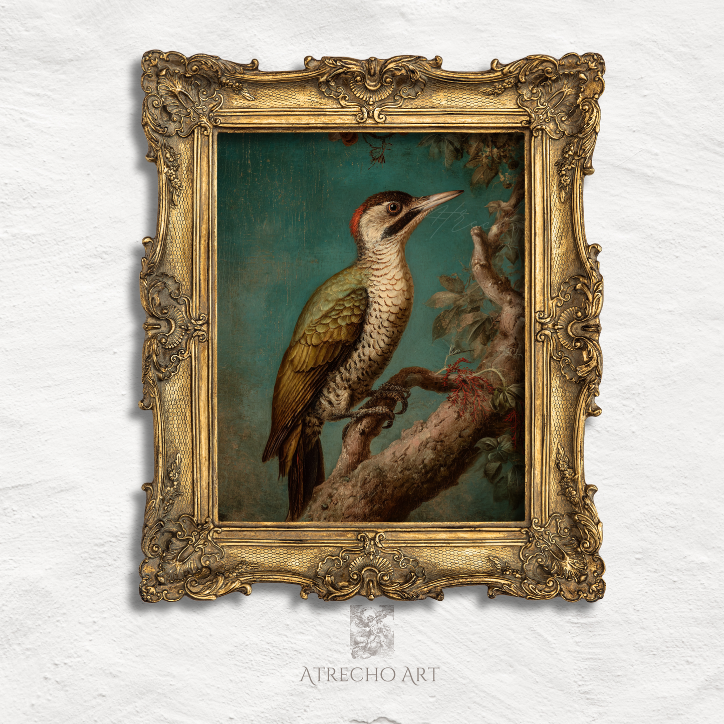 Vintage woodpecker art print illustration with botanical elements on teal background, natural history style