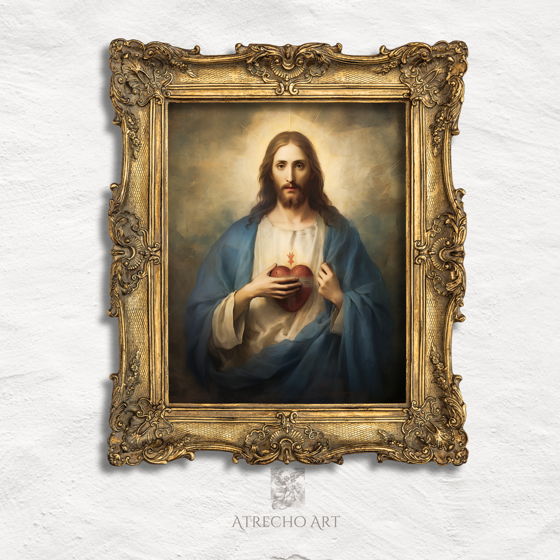 Sacred Heart of Jesus print showing Christ in blue robes with glowing sacred heart, golden halo and divine light for Catholic religious wall art