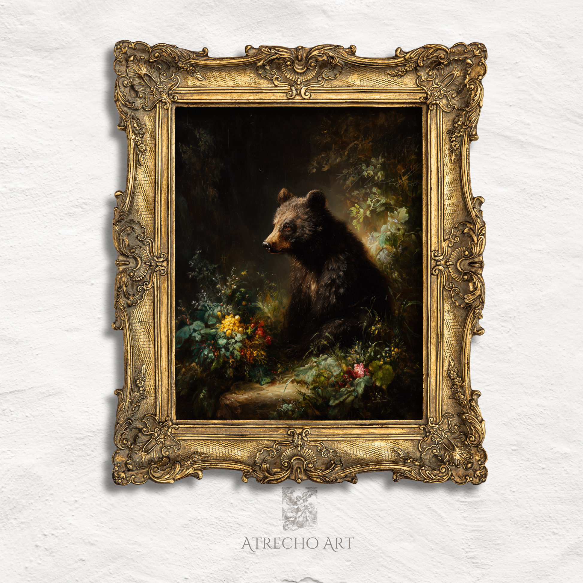 Brown bear woodland print in an ornate baroque gold frame, glowing florals against deep shadow, by Atrecho Art