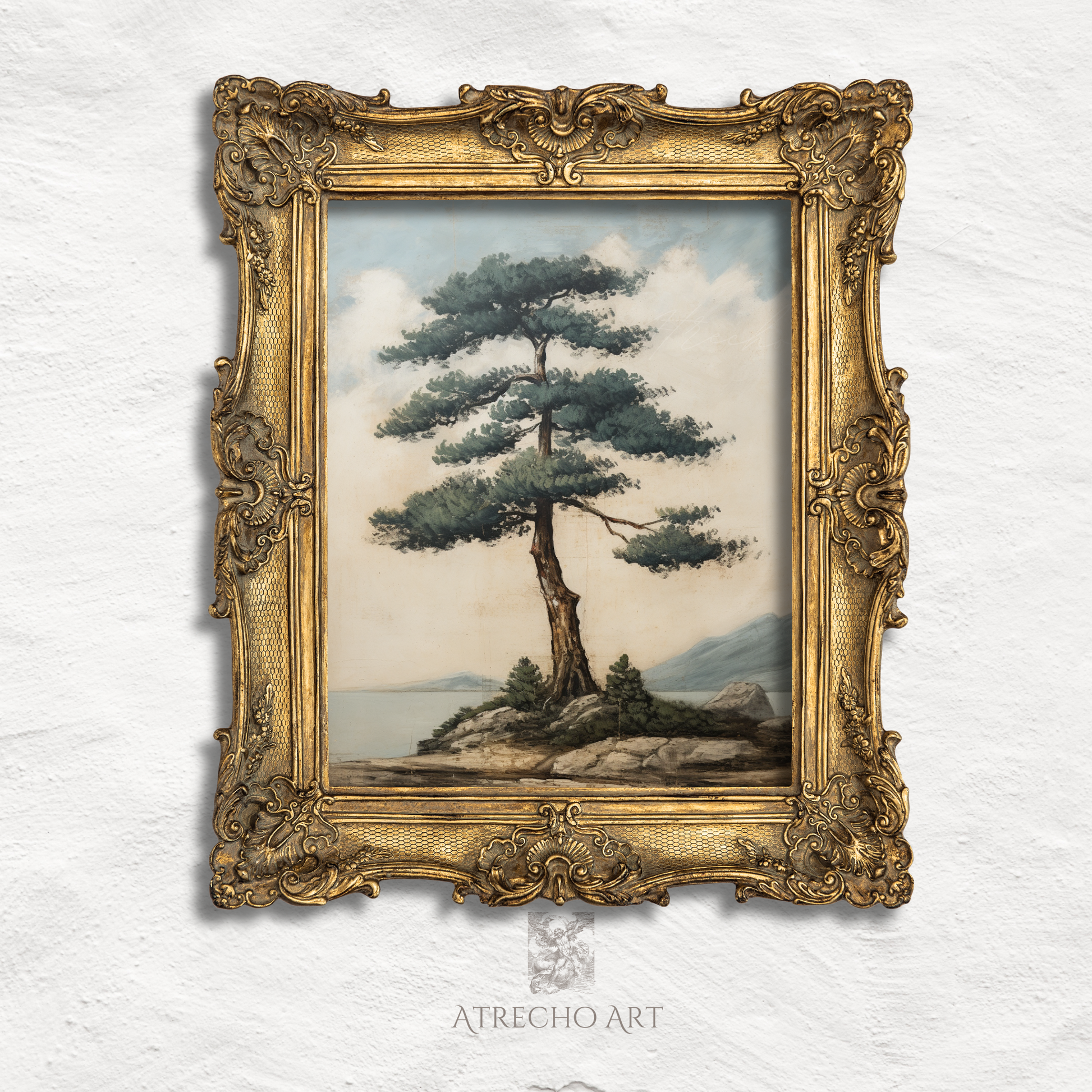 Lone pine landscape print in an ornate wood frame with a cream mat, Old World nature art, by Atrecho Art