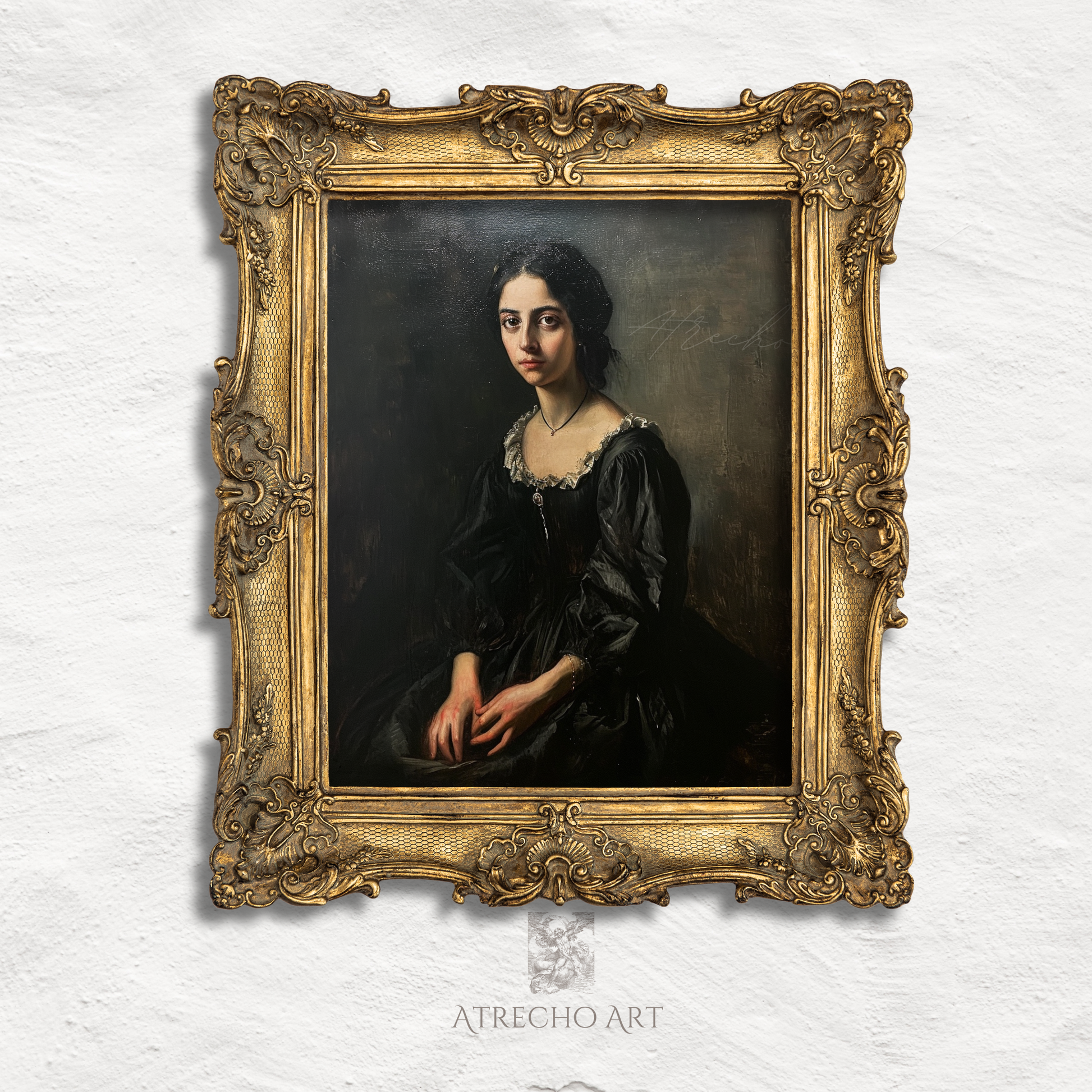 Elena witchcore portrait print featuring a Victorian woman in black dress with contemplative gaze against dark moody background classical European painting style