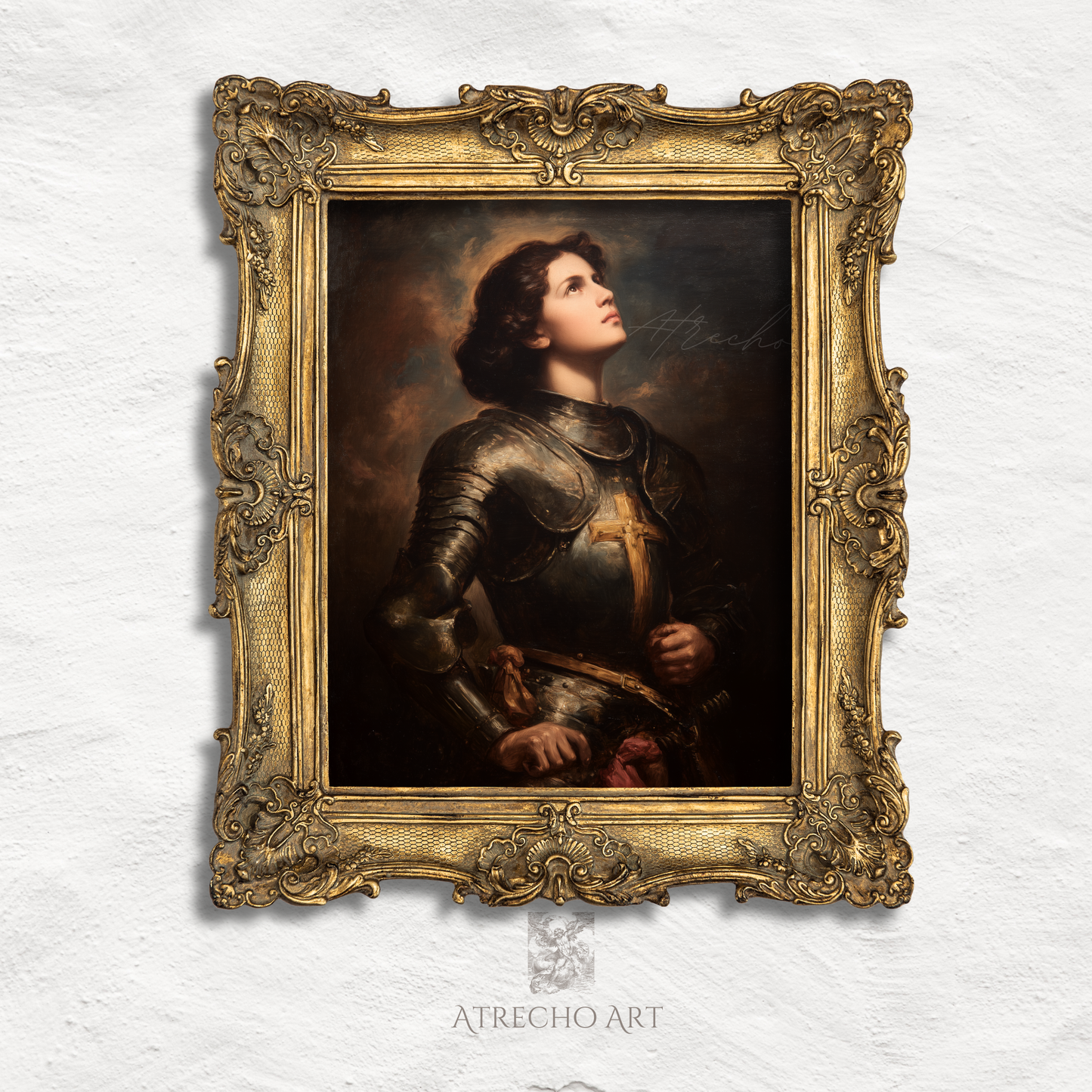 (05 ornate frame) Joan of Arc print in an ornate baroque gold frame, warrior saint in dramatic chiaroscuro light, by Atrecho Art