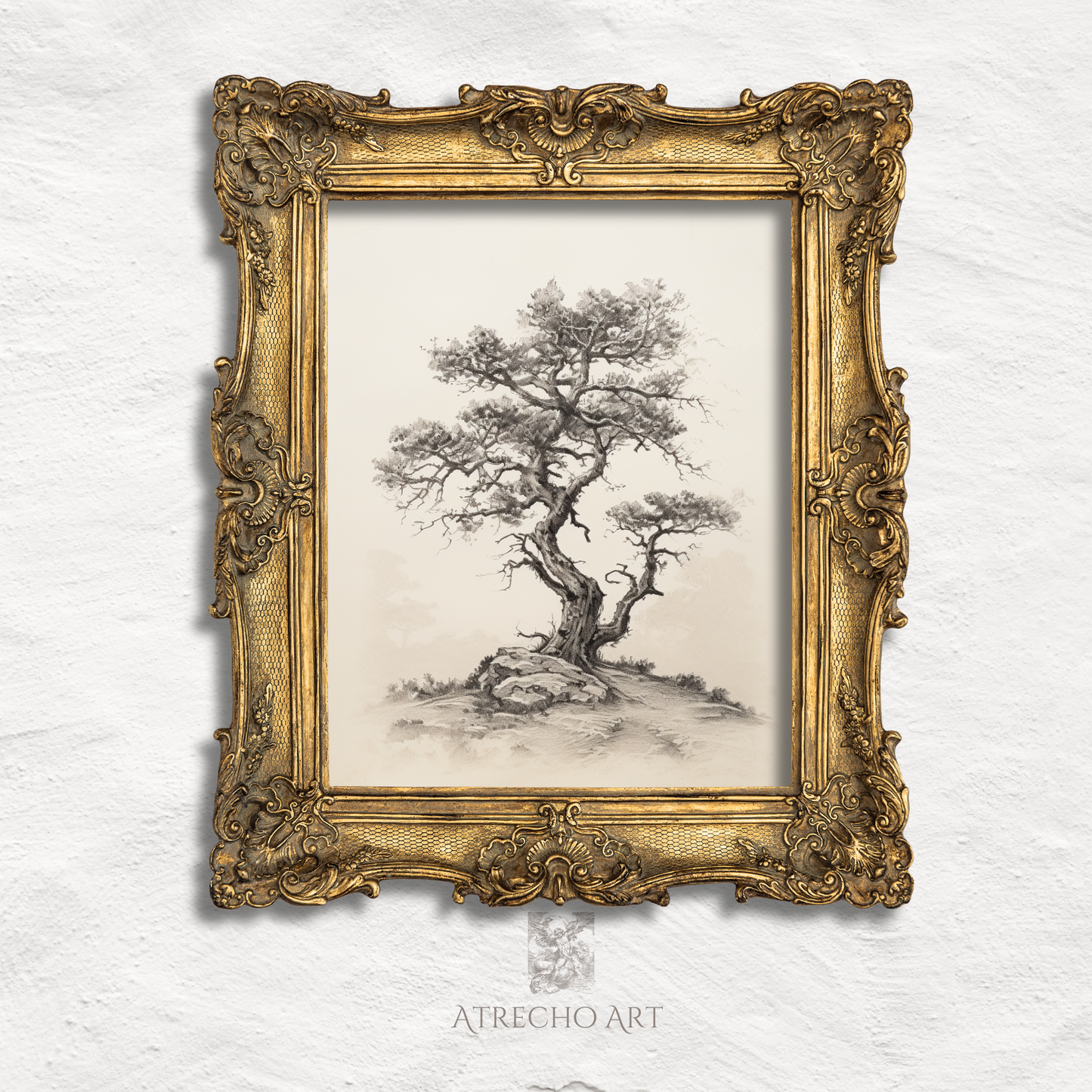 Vintage botanical tree print featuring detailed Algarrobo tree illustration with gnarled branches and delicate foliage, perfect for Mediterranean home decor