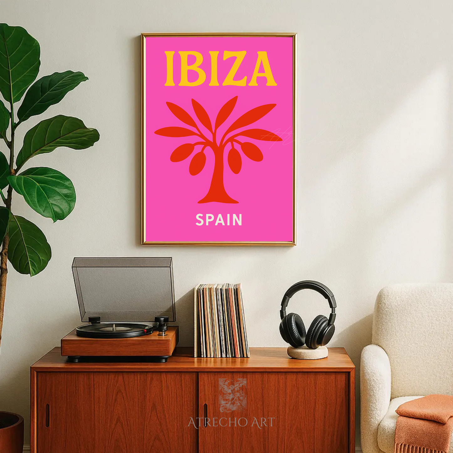 Ibiza Travel Poster | Spanish Island Art | Pink Palm Tree Print | Digital Download | Retro Beach Decor