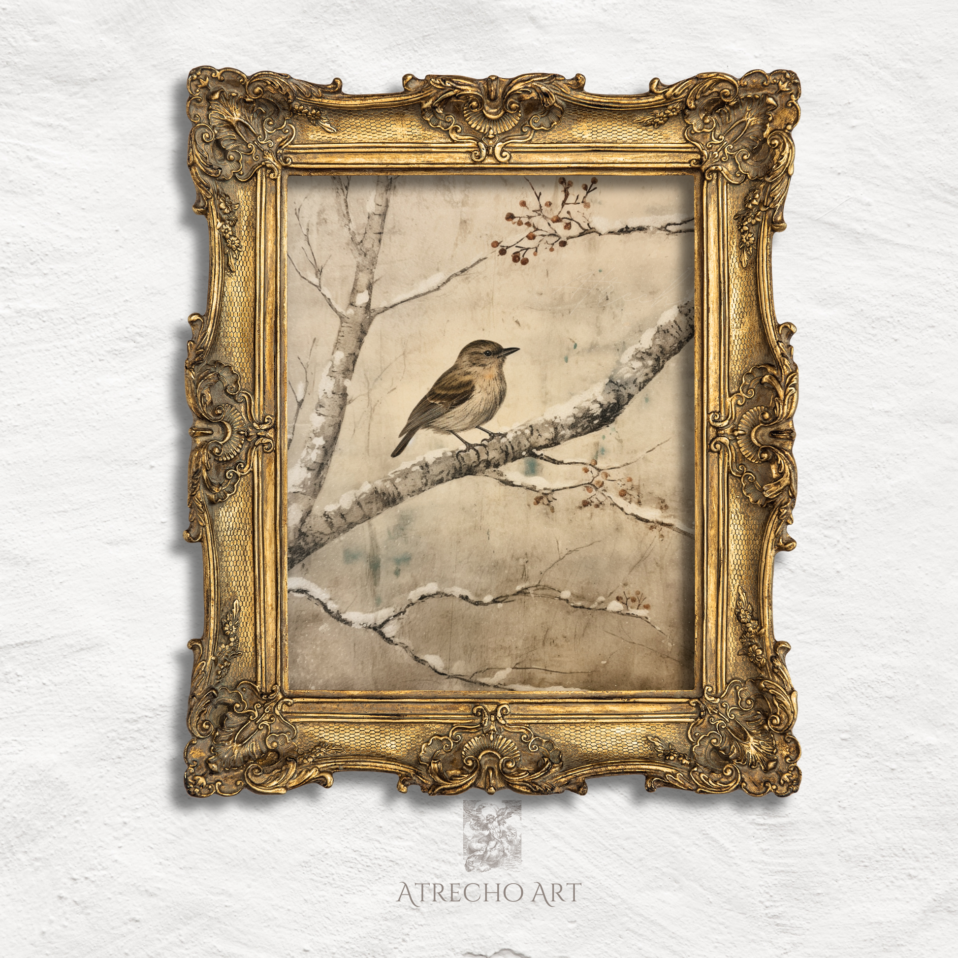 Japanese songbird print in an ornate wood frame, calligraphic snowy branches, by Atrecho Art