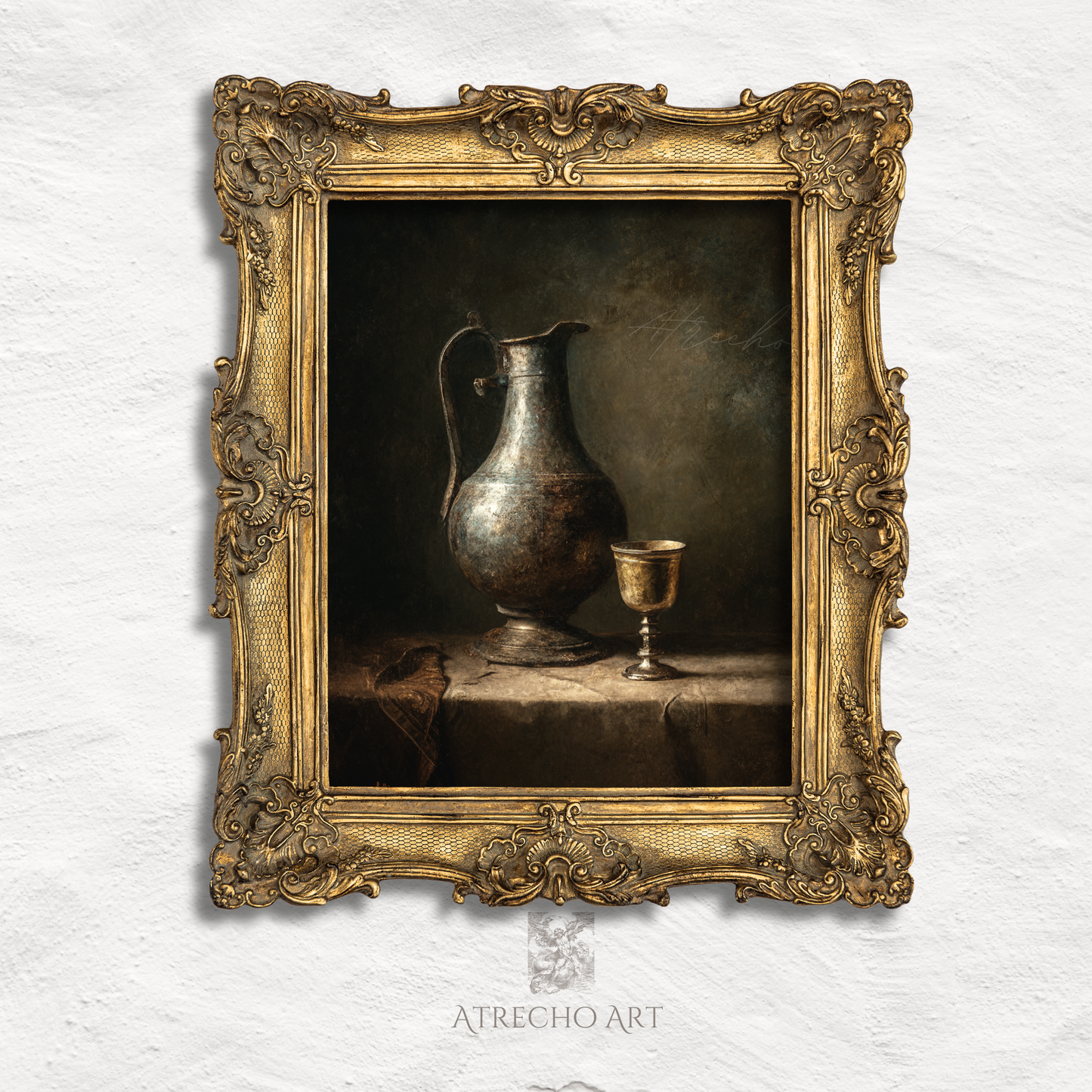Baroque still life print in an ornate gilded frame, tarnished ewer and glowing goblet, by Atrecho Art