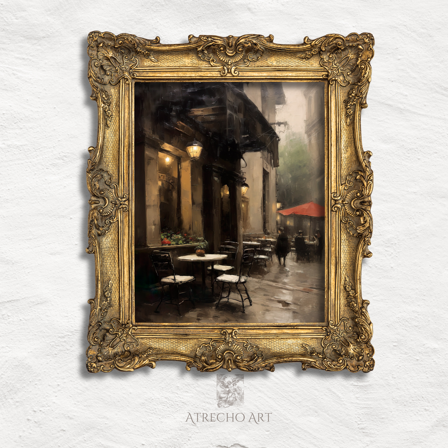 European cafe wall art featuring atmospheric street scene with outdoor dining, vintage lanterns, and cozy bistro ambiance perfect for coffee shop decor