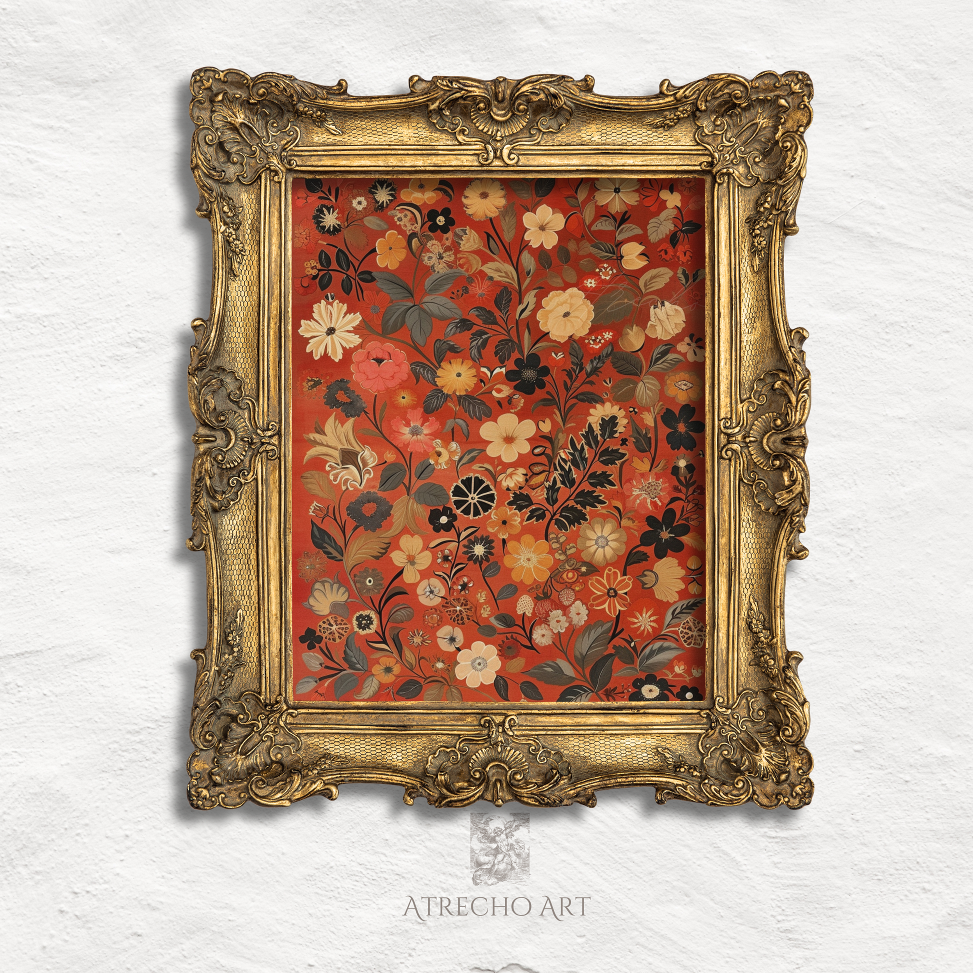 Autumn floral crewelwork print in an ornate aged gold frame, heritage folk embroidery look, by Atrecho Art