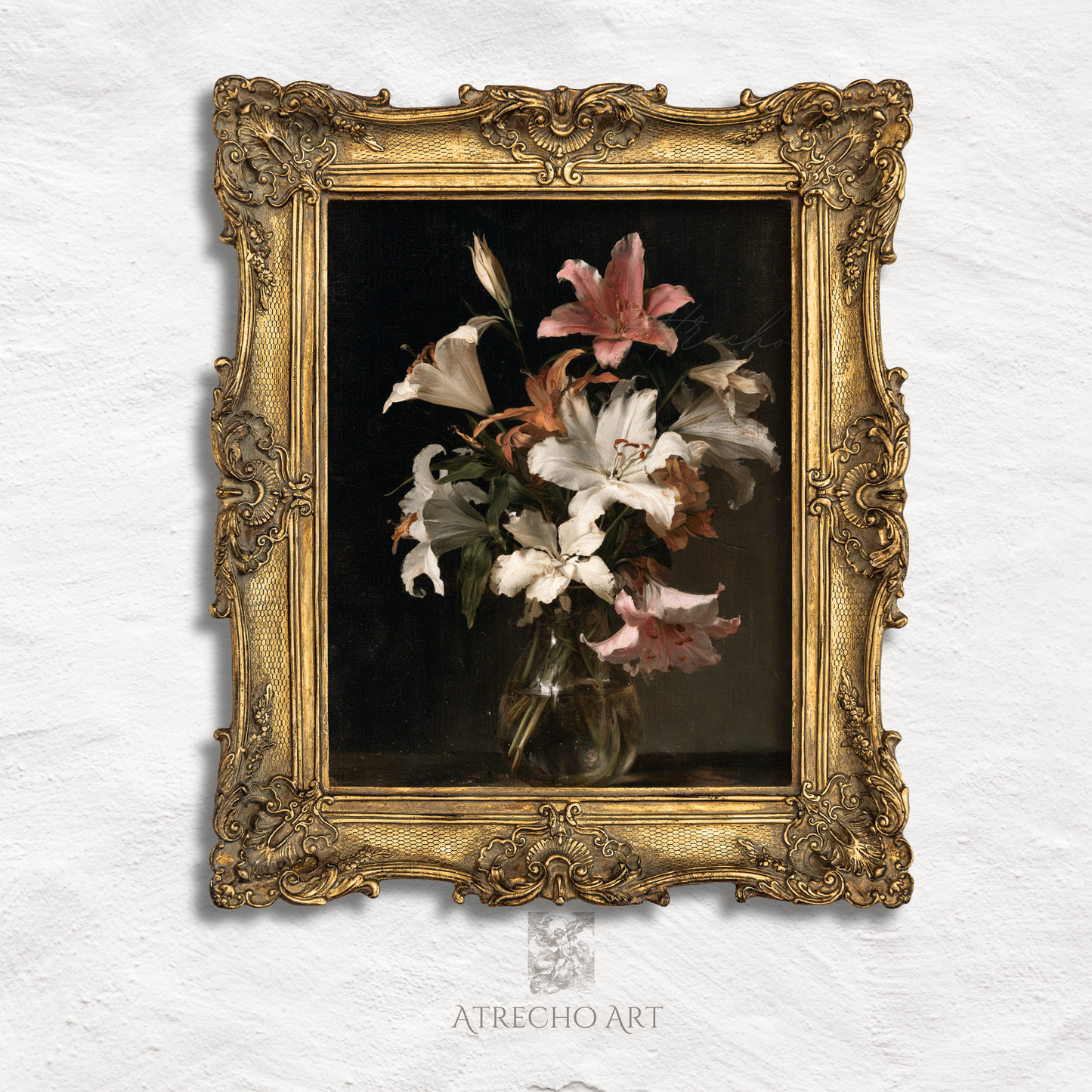 White lilies bouquet print in an ornate aged-gold wood frame, Spanish Baroque still life by Atrecho Art