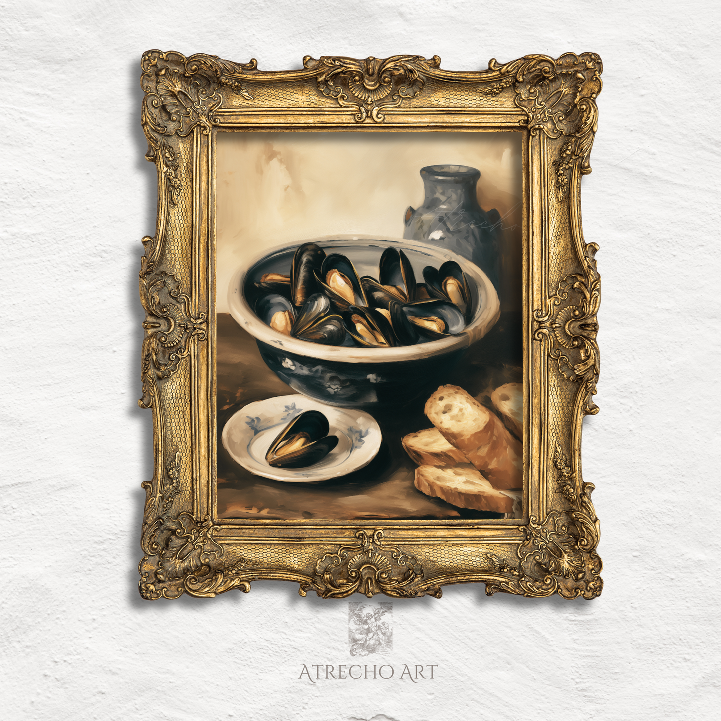 Mussels still life print in an ornate gold frame, amber shellfish glowing in the bowl by Atrecho Art