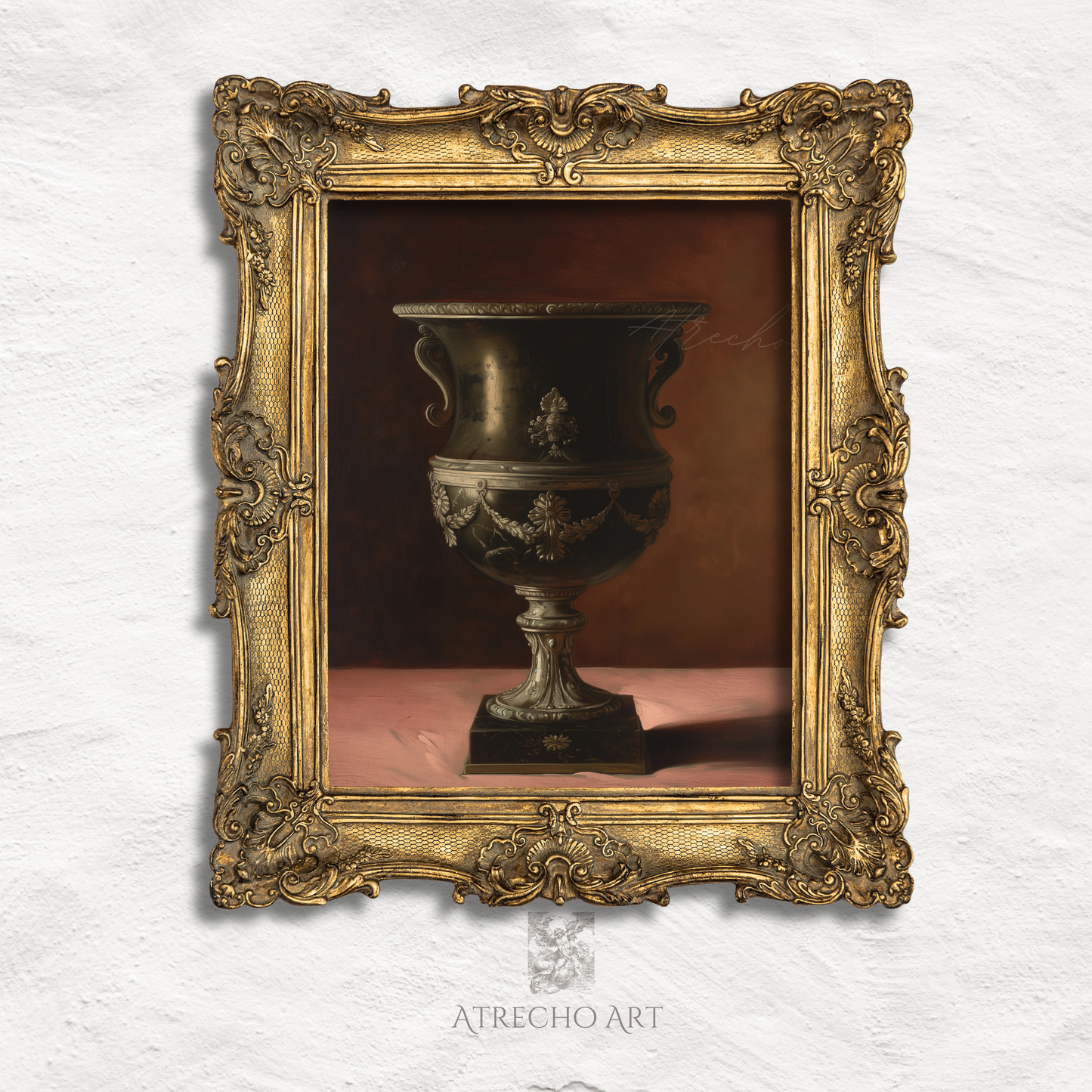 The neoclassical urn print in an ornate baroque gold frame, its garlands echoing the gilded molding by Atrecho Art