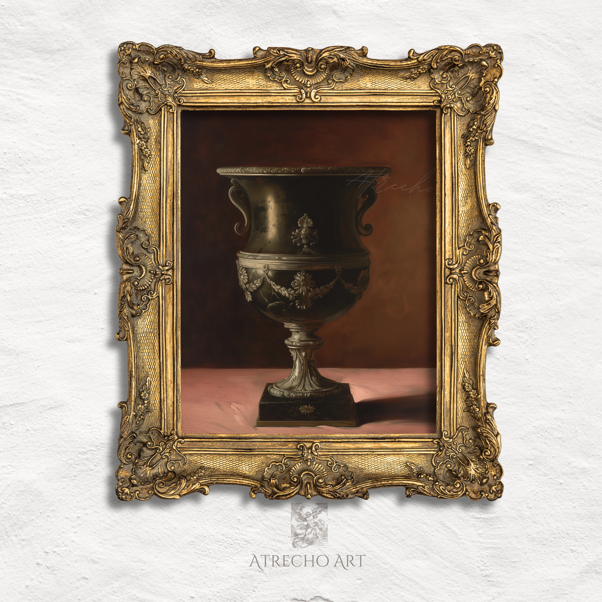 The neoclassical urn print in an ornate baroque gold frame, its garlands echoing the gilded molding by Atrecho Art