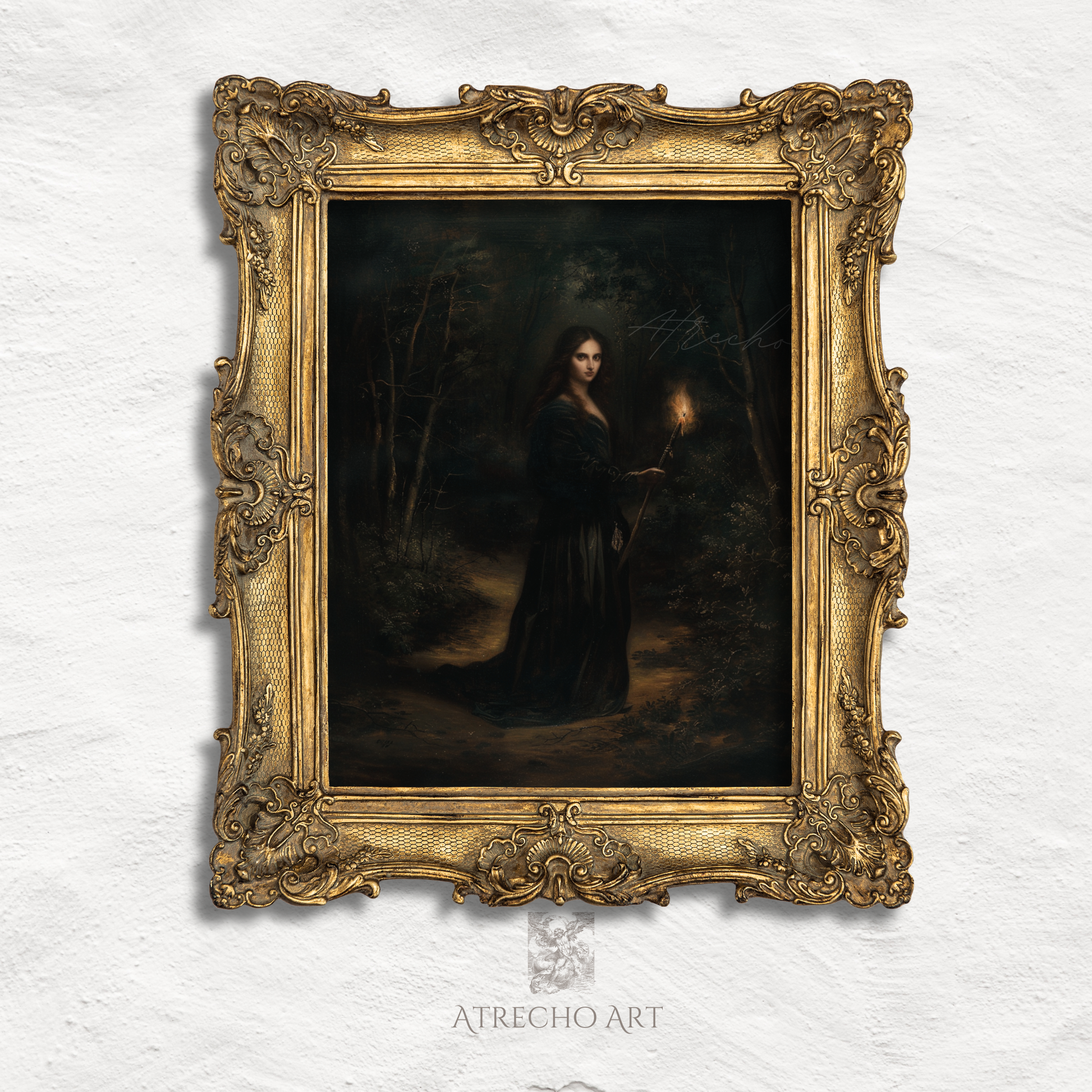 Forest enchantress print in an ornate wood frame, soft chiaroscuro nocturne detail by Atrecho Art