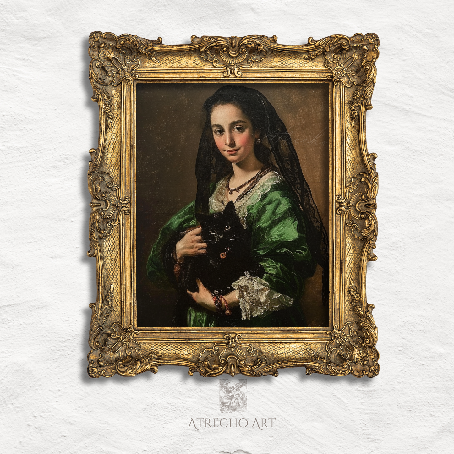 Vintage cat portrait of woman in emerald green dress holding black cat wearing black lace veil classical European portraiture art print
