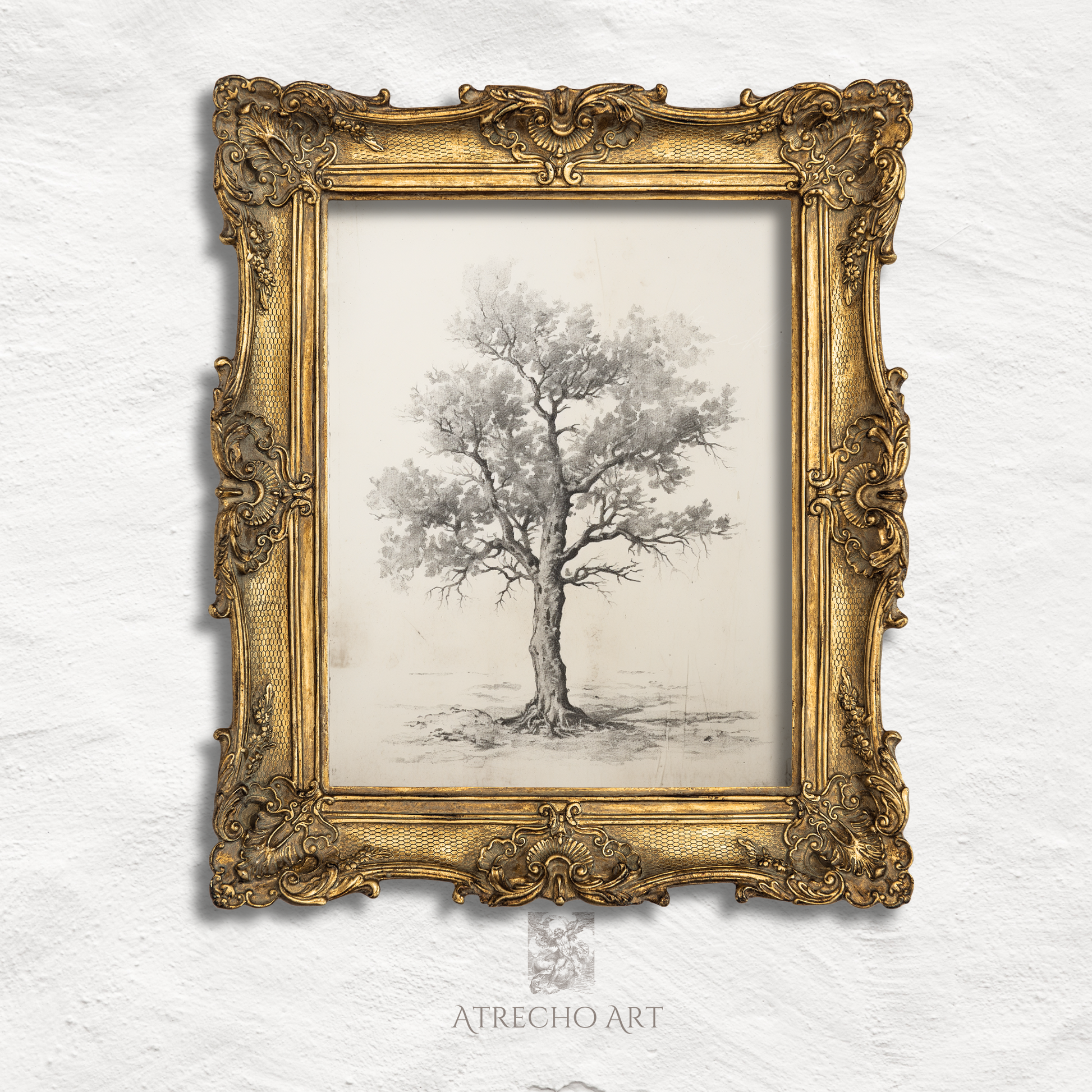 Chestnut tree specimen study in an ornate wood frame with aged gold detailing, vintage botanical print by Atrecho Art