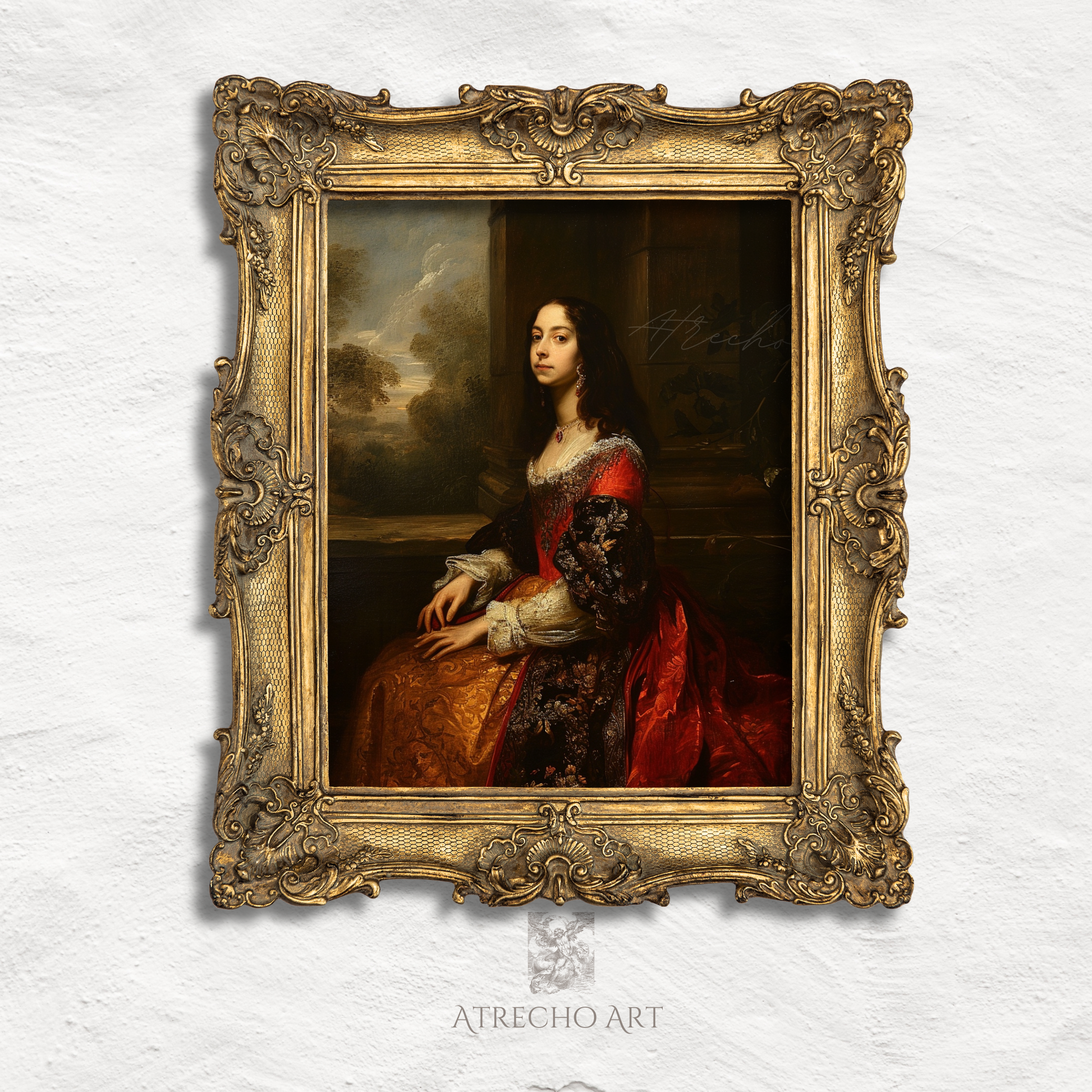 Juana portrait in an ornate gilded baroque frame — Spanish royal court portrait, jewel tones, aged gold detailing, antique wall art