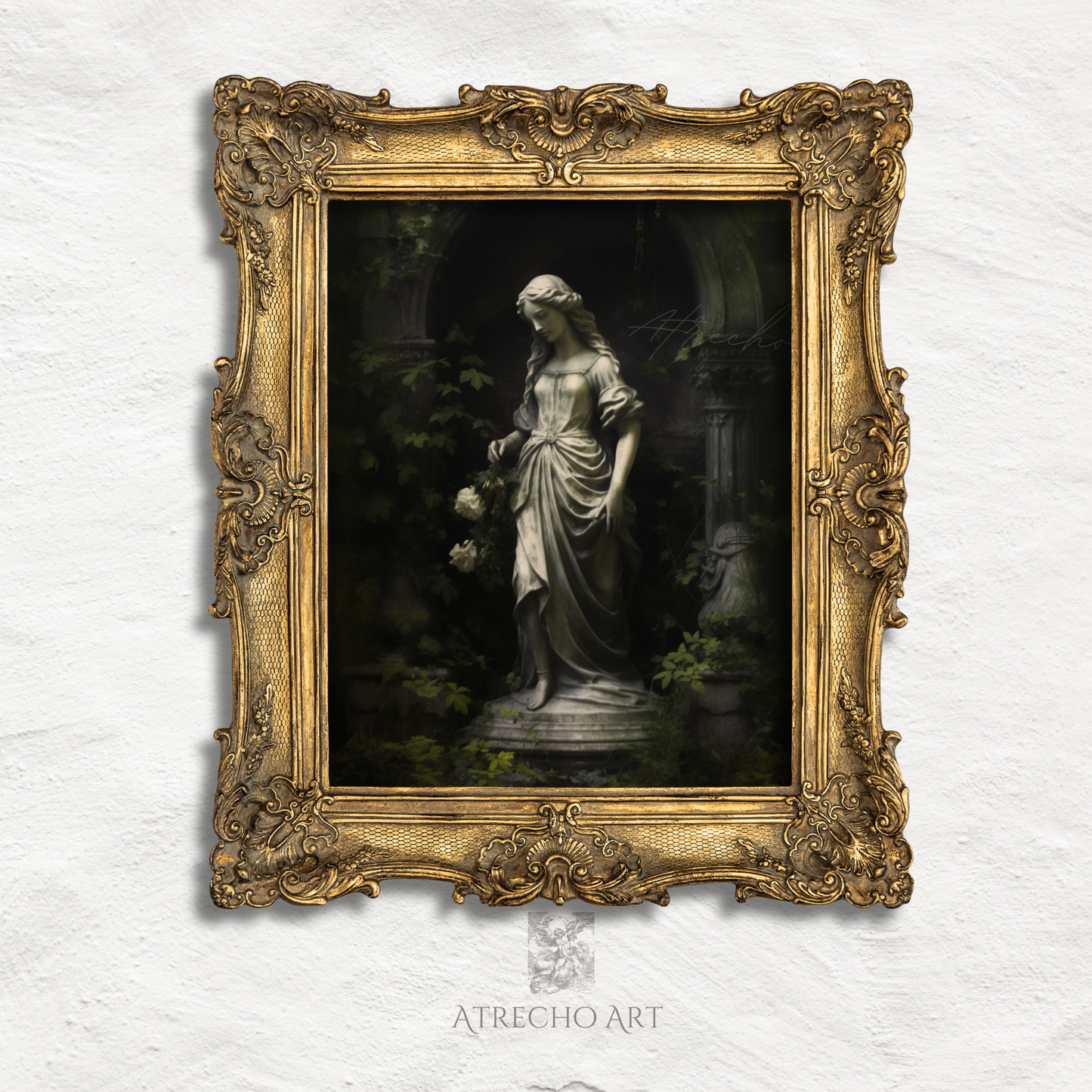 Marble maiden art print in an ornate aged-gold wood frame against a neutral wall, by Atrecho Art