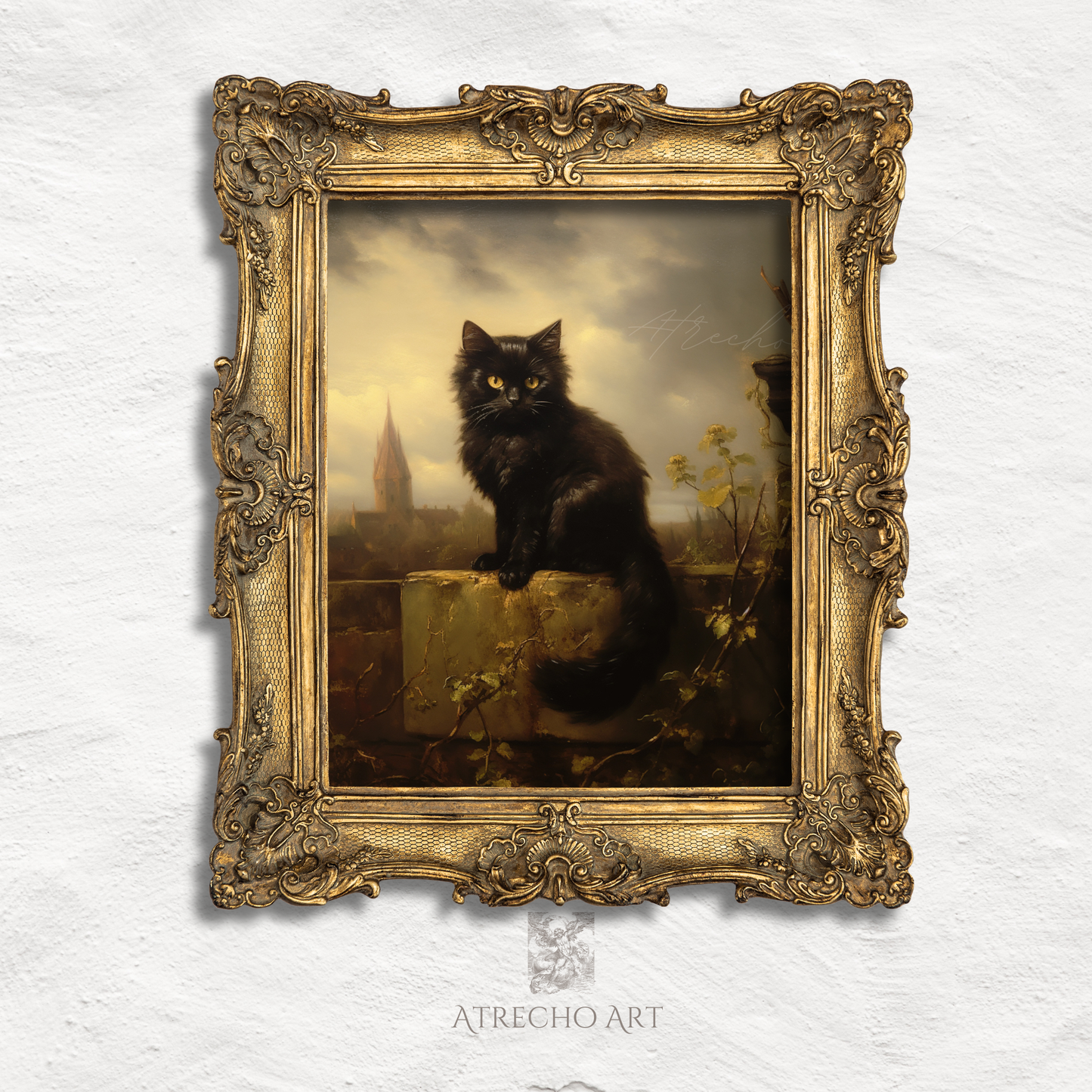 Gothic black cat art print with striking golden eyes perched on weathered stone overlooking misty European cathedral landscape in dark romantic style