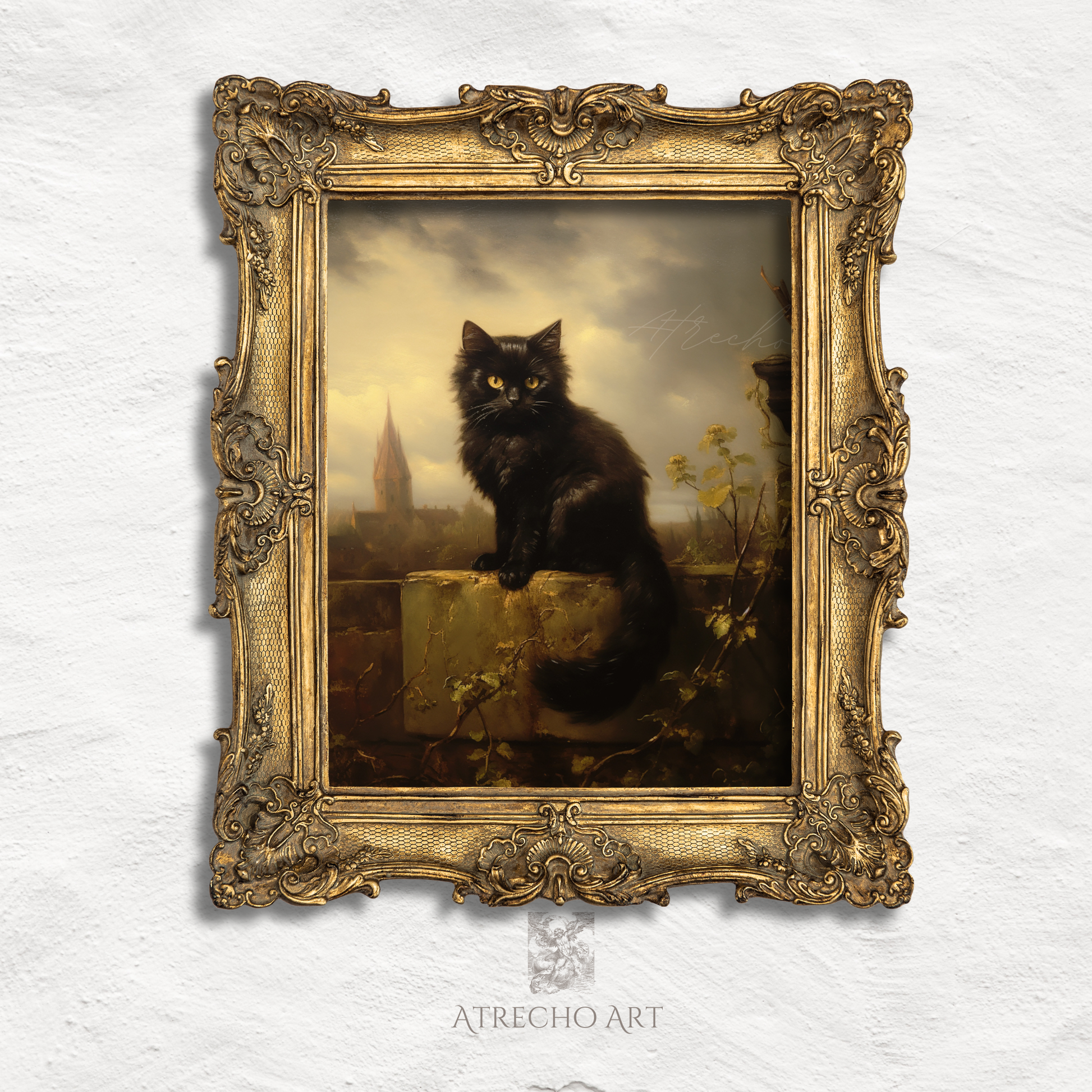 Gothic black cat art print with striking golden eyes perched on weathered stone overlooking misty European cathedral landscape in dark romantic style