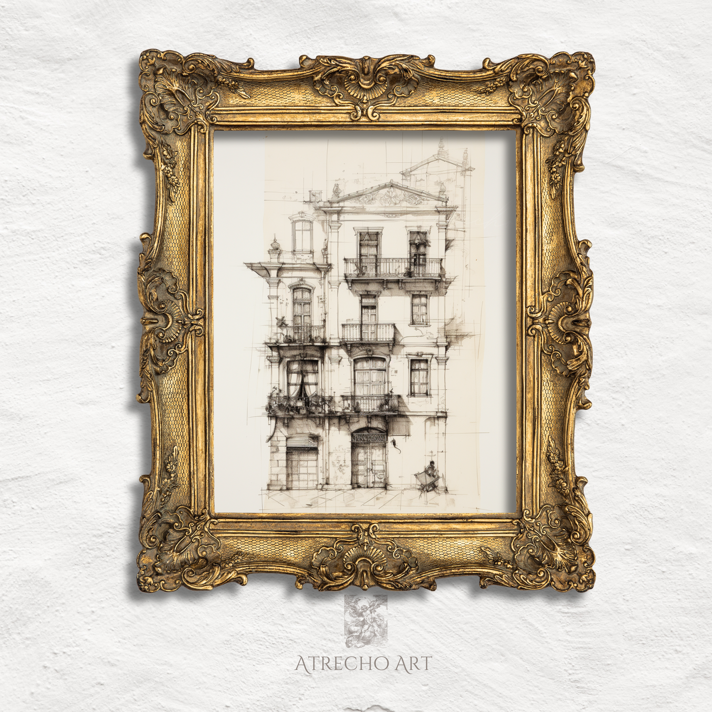 Spanish colonial architecture print set featuring two vintage building prints with ornate iron balconies and weathered stone facades in coordinating sepia tones