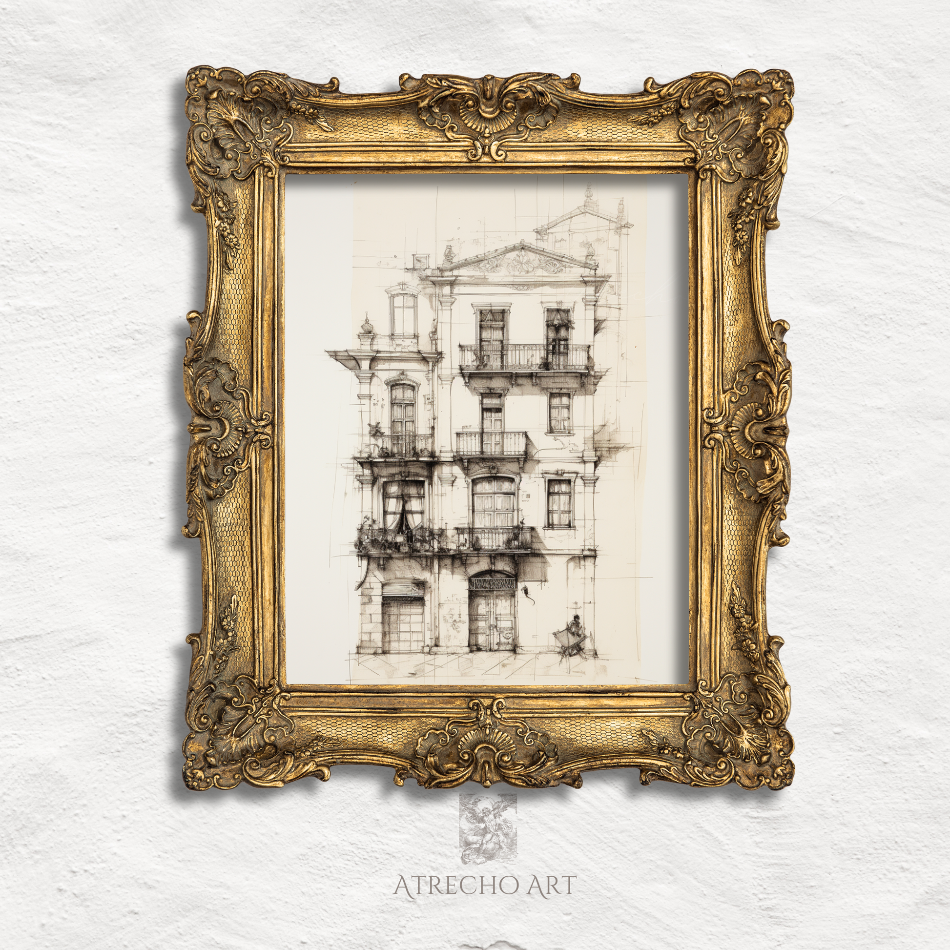 Spanish colonial architecture print set featuring two vintage building prints with ornate iron balconies and weathered stone facades in coordinating sepia tones