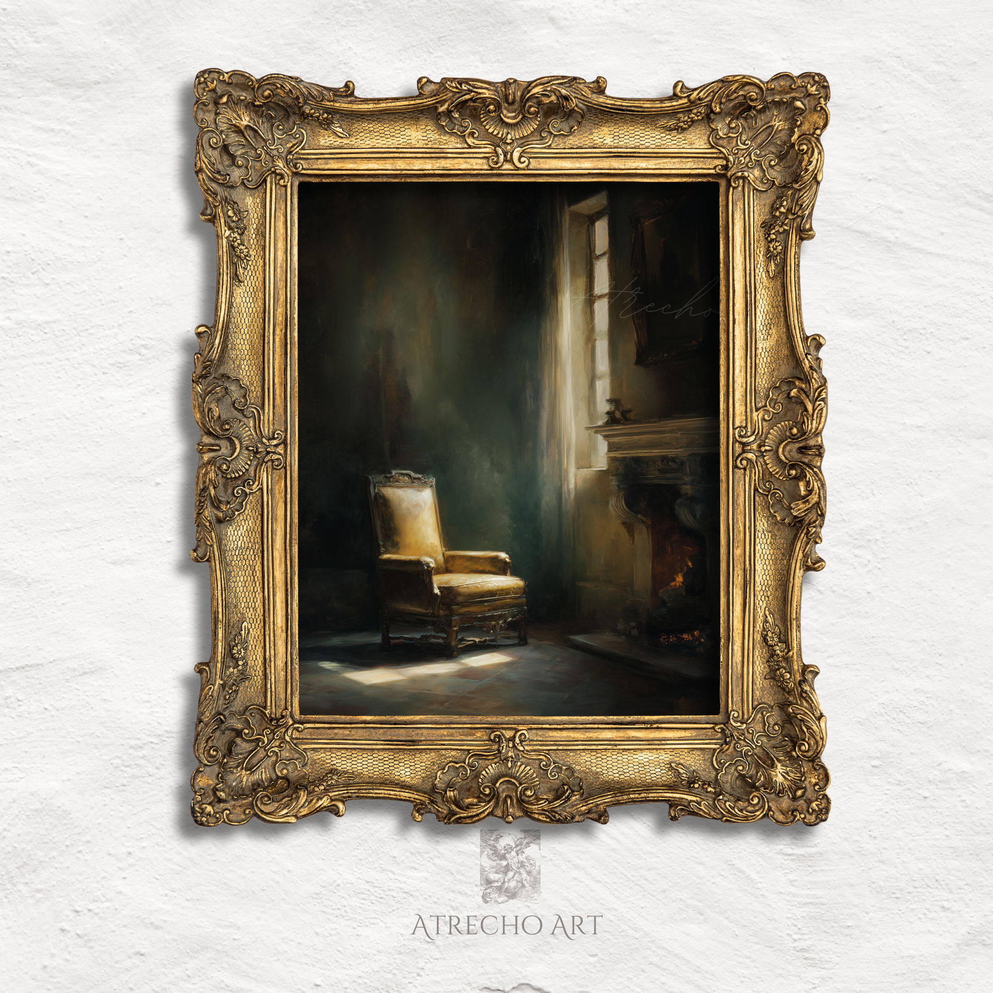 Vintage interior scene with golden upholstered chair by window in dramatic lighting for dark academia cottagecore decor