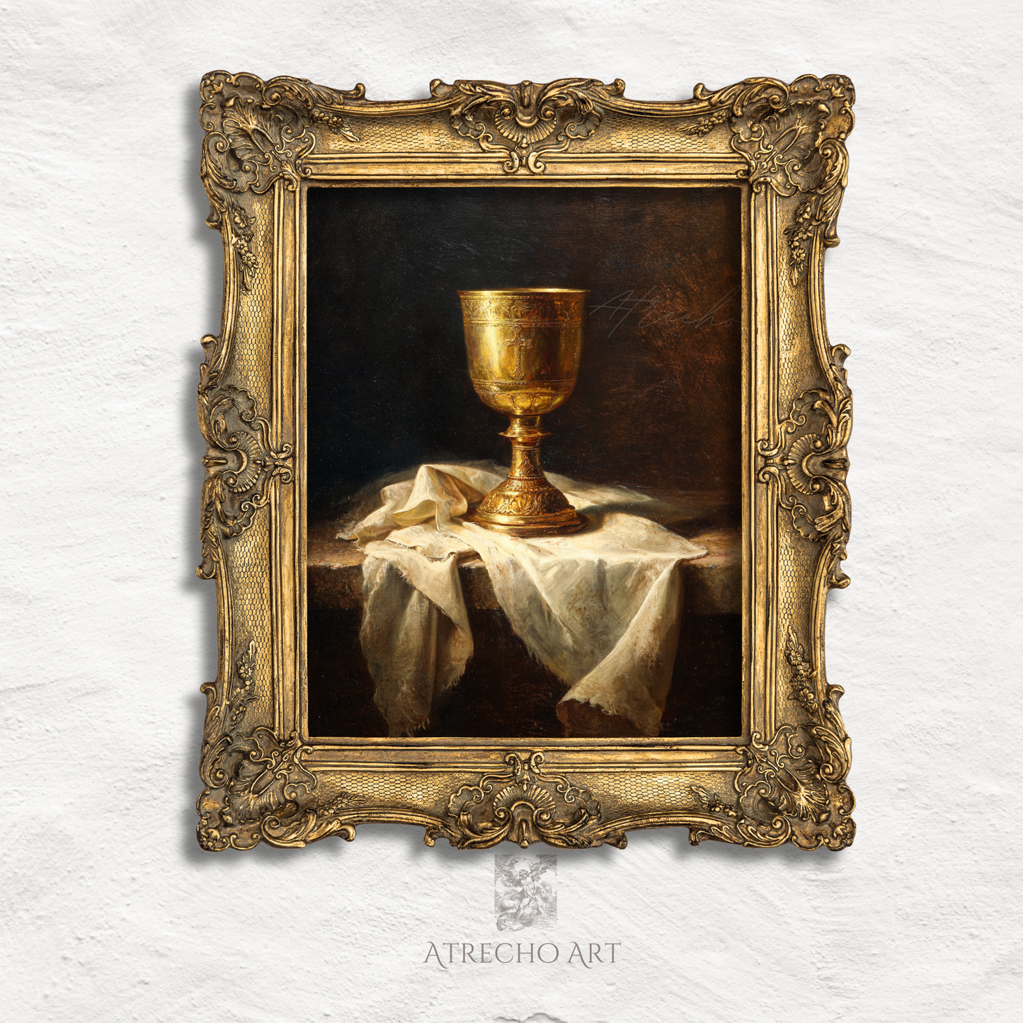 Golden chalice print in an ornate baroque gilt frame, a Spanish Old Master sacred still life by Atrecho Art