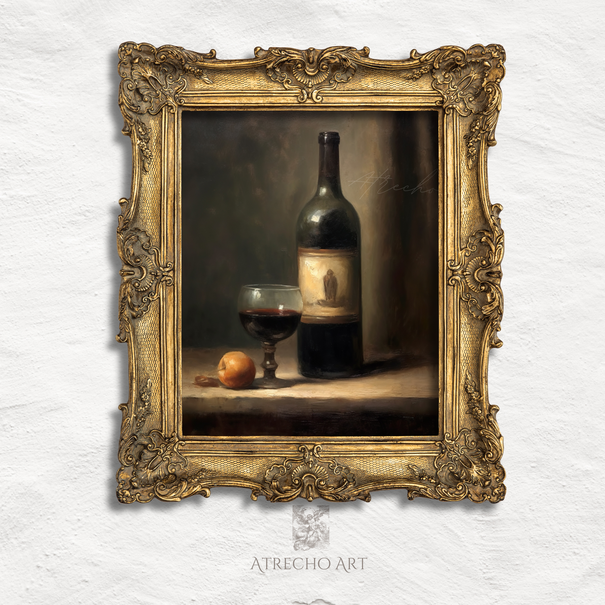 Wine bottle still life print in an ornate antique gold frame, Spanish Baroque still life by Atrecho Art