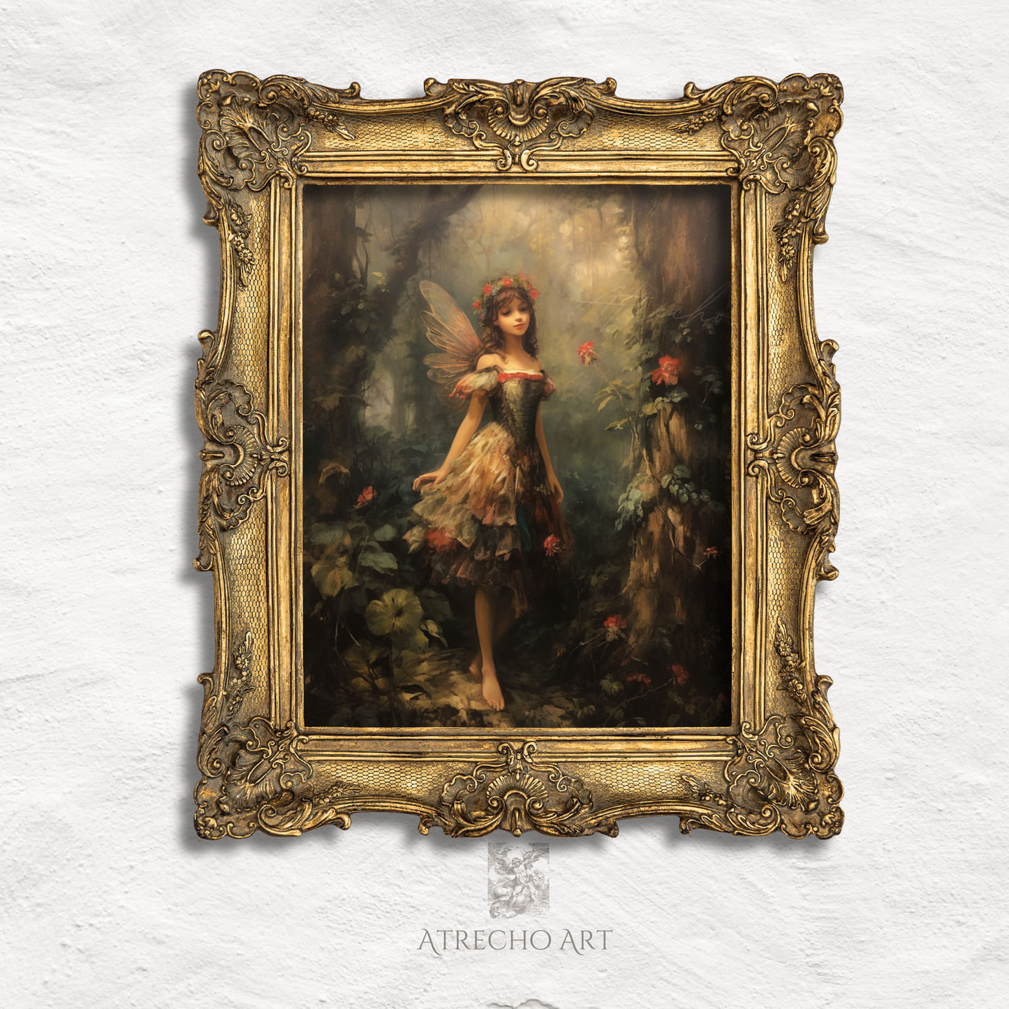 Forest fairy print in an ornate aged-gold frame — enchanted Victorian fairy portrait, by Atrecho Art