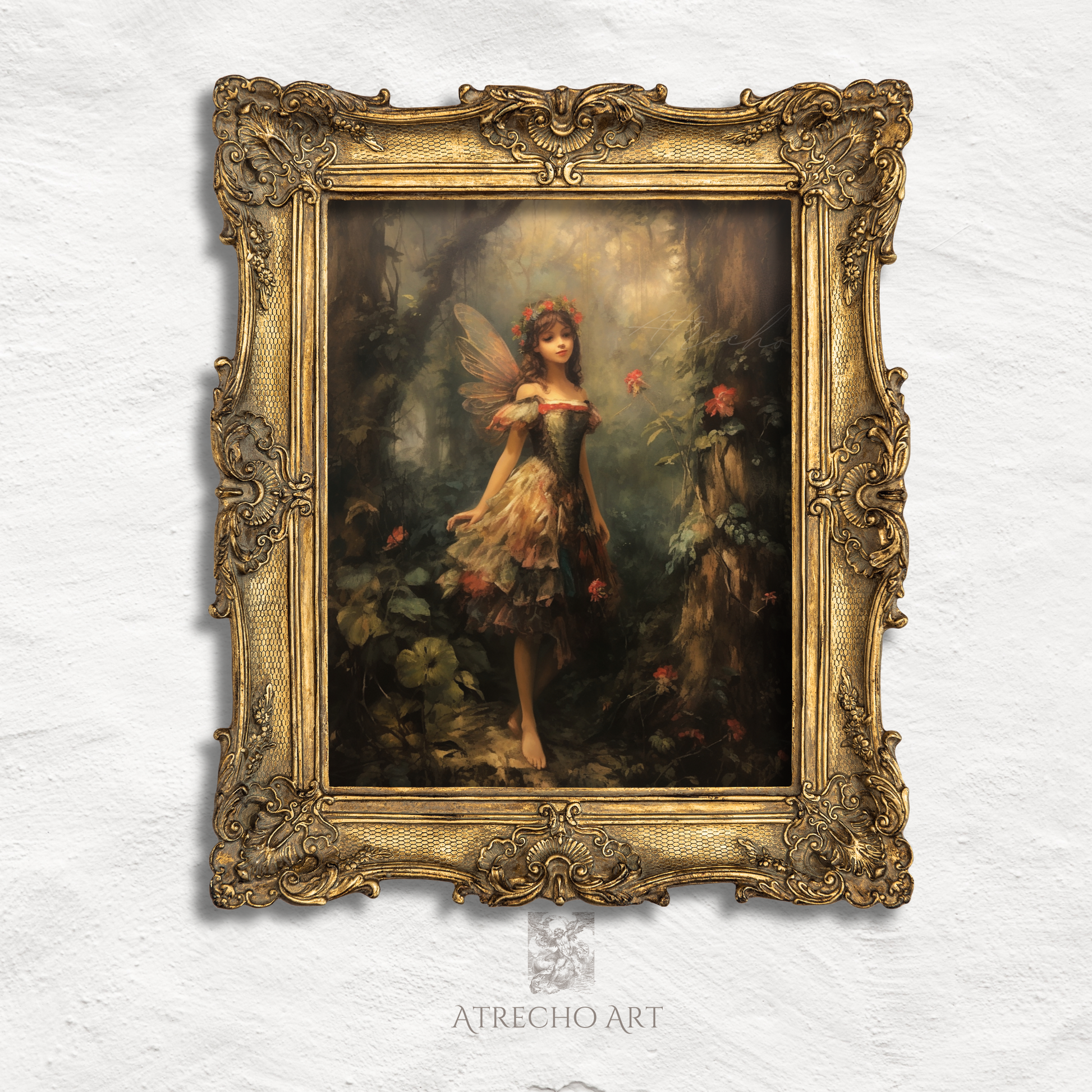 Forest fairy print in an ornate aged-gold frame — enchanted Victorian fairy portrait, by Atrecho Art