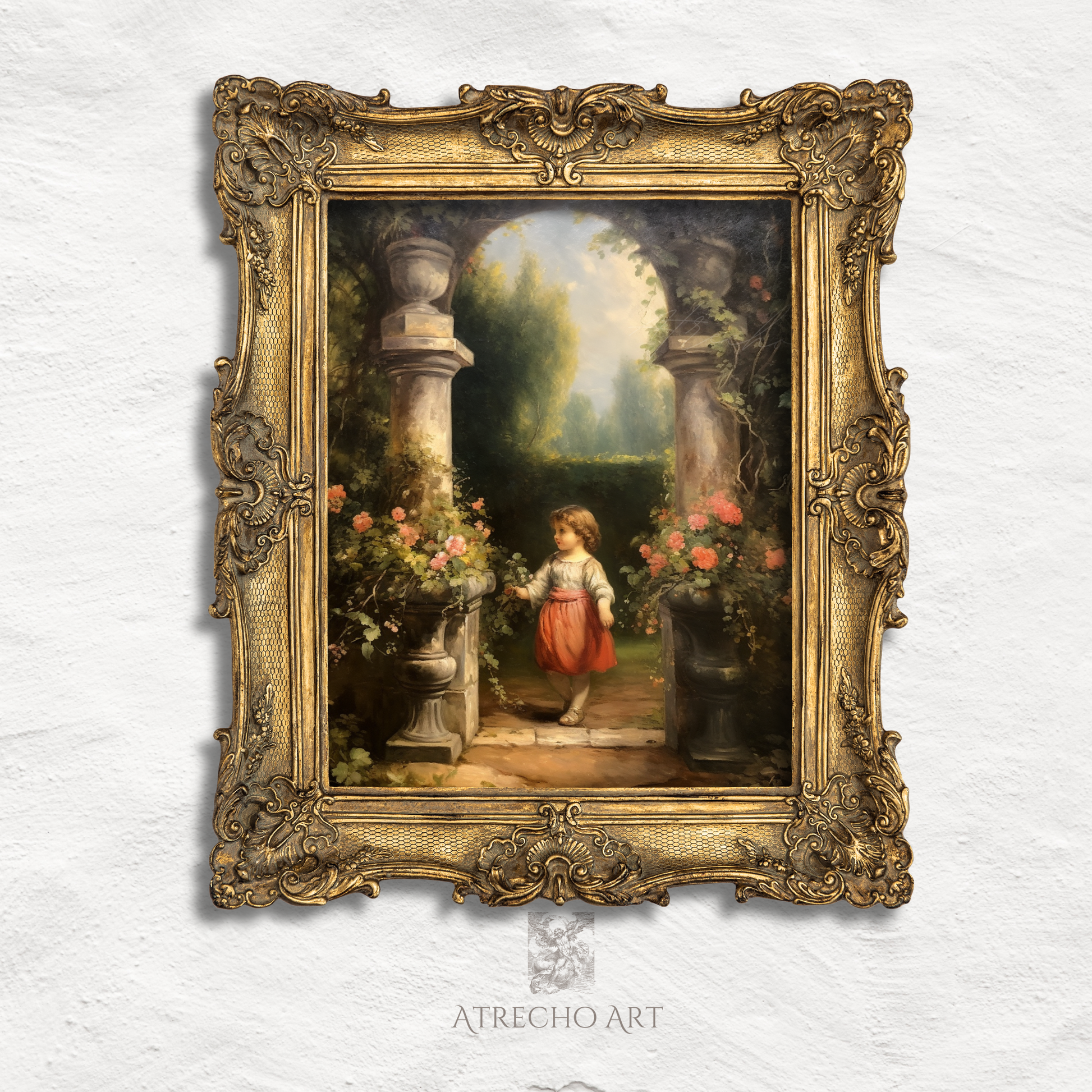 Child in a garden print in an ornate aged-gold wood frame, tender Victorian childhood scene by Atrecho Art