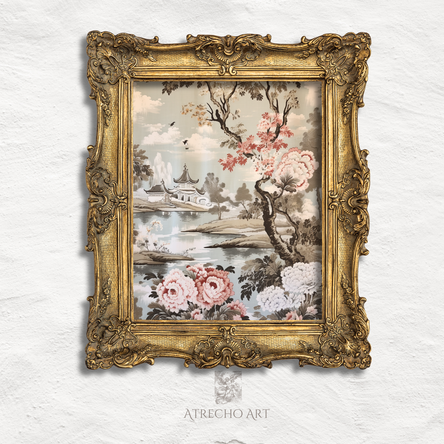 Grey chinoiserie flowering tree print in an ornate gilded frame, antique panel look by Atrecho Art