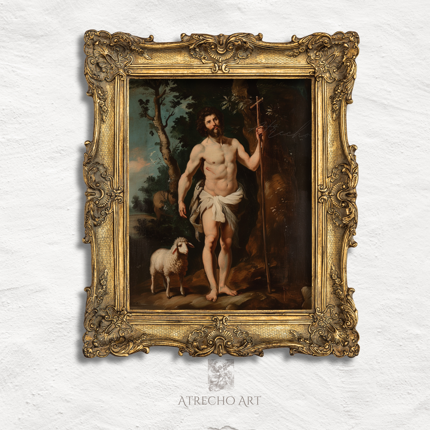 Saint John the Baptist print in ornate gold frame — Counter-Reformation Seville devotional style, Catholic decor RE09