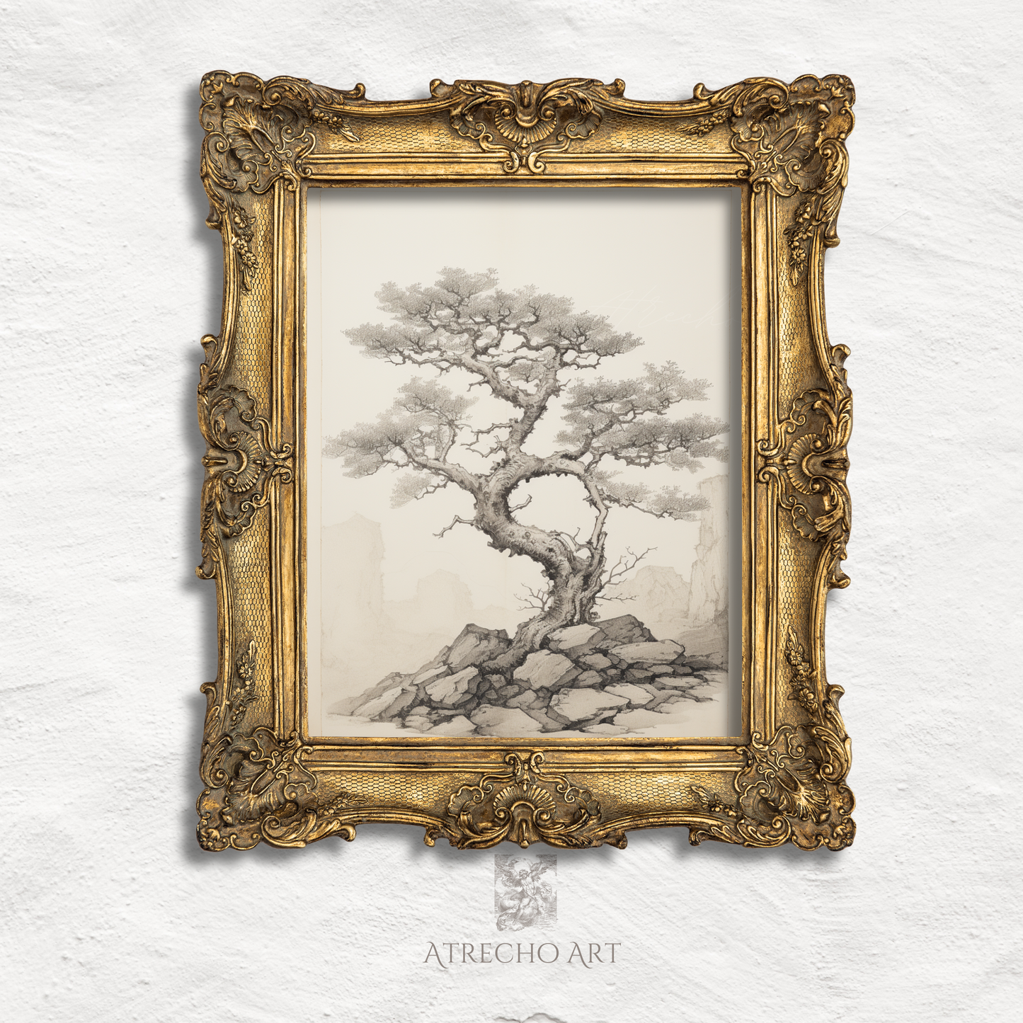 Arbutus tree art print in an ornate aged-gold frame, antique folio-plate botanical study, by Atrecho Art