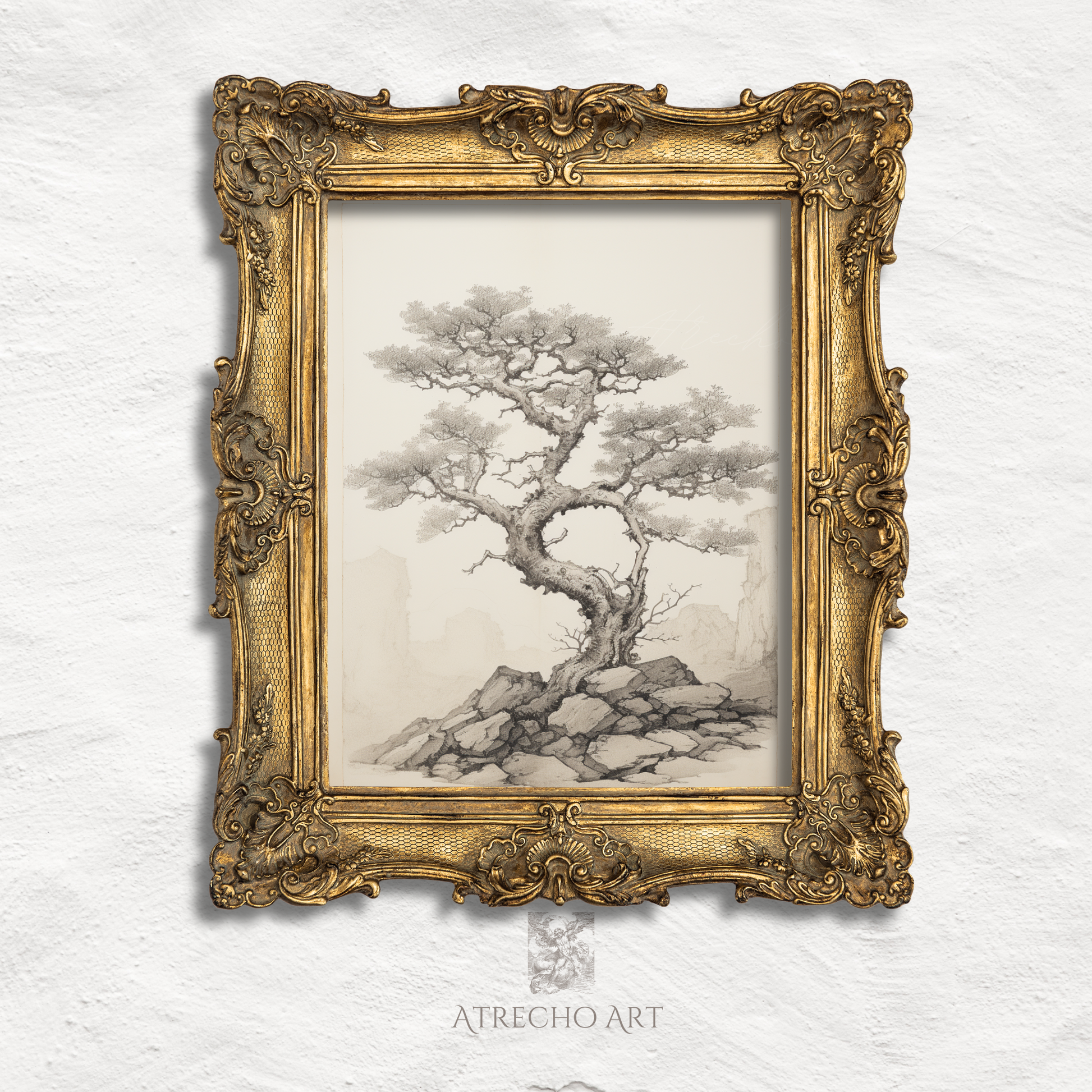 Arbutus tree art print in an ornate aged-gold frame, antique folio-plate botanical study, by Atrecho Art