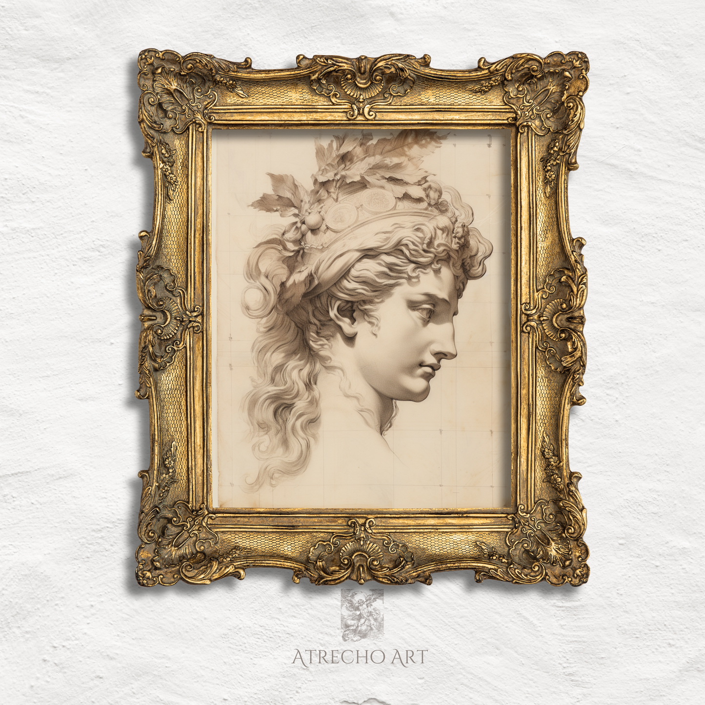 Persephone art print in warm sepia, classical goddess profile sketch with oak-leaf crown on antique parchment PE55