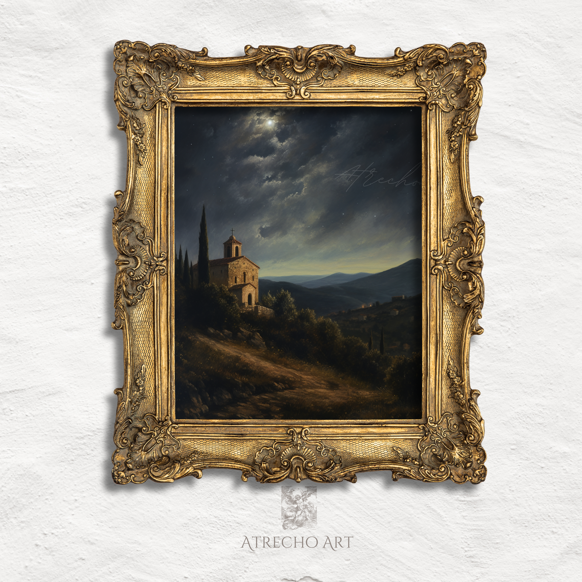 Framed art print of a moody European church on a hill with dark, vintage tones, styled in a cottagecore-inspired room setting