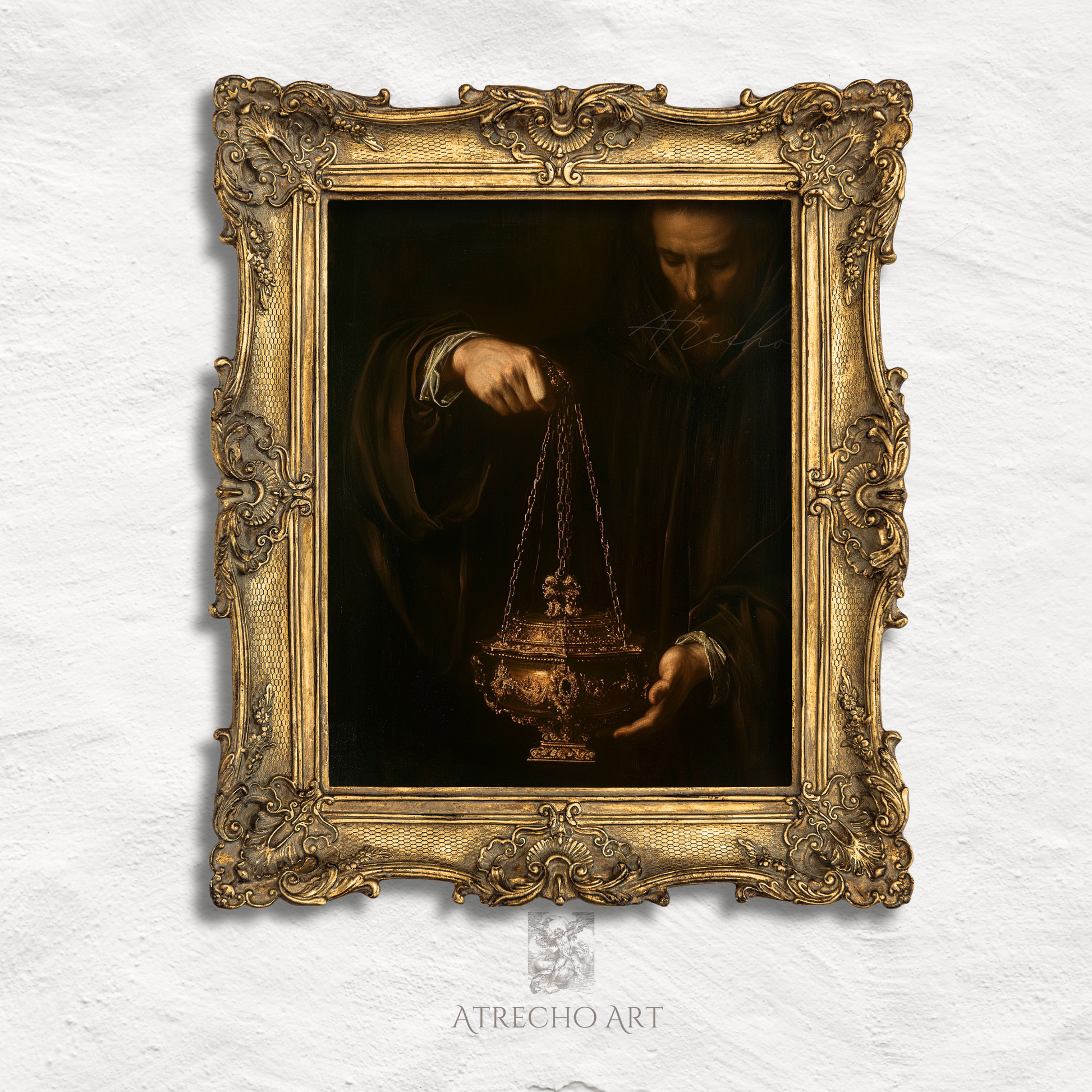 Baroque thurible art print — Spanish Golden Age monk in dark robes holding gilded incense burner by chains, chiaroscuro style, archival matte print by Atrecho Art
